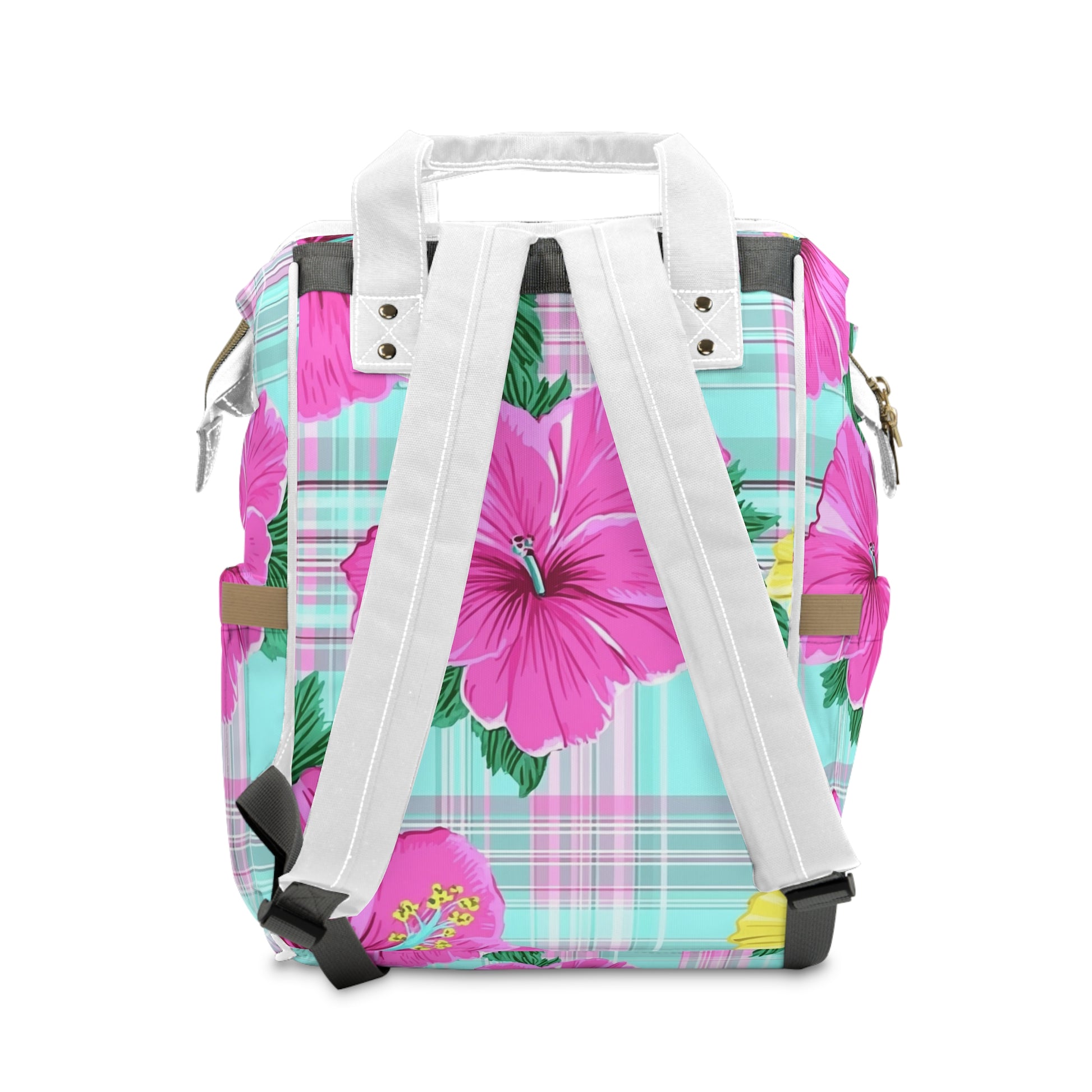 Plaid Hibiscus Pink and Yellow Multifunctional Diaper Backpack, Artsulli - Art is Long, Life is Short, Bags, , , , , , , 