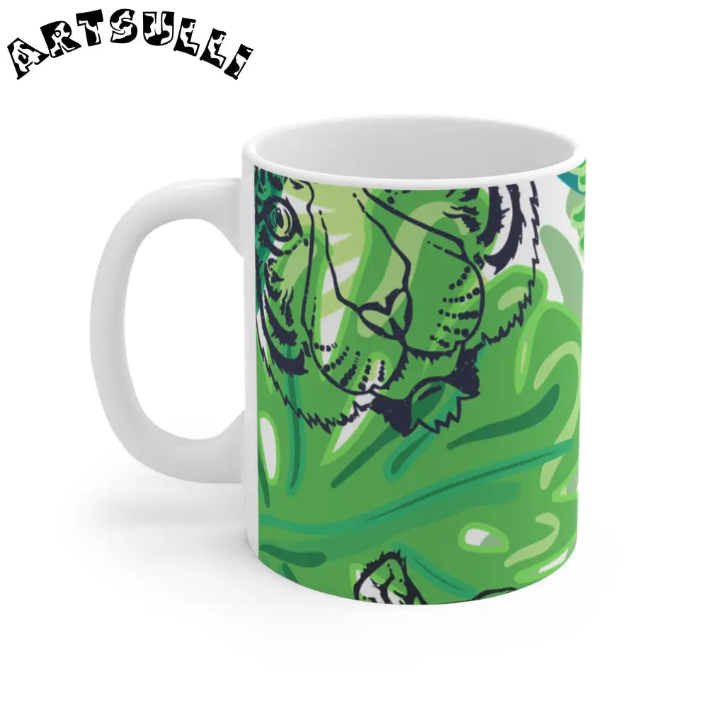 JAKKOUTTHEBXX Tropical Jungle Tigers Green Mug 11oz JAKKOUTTHEBXX