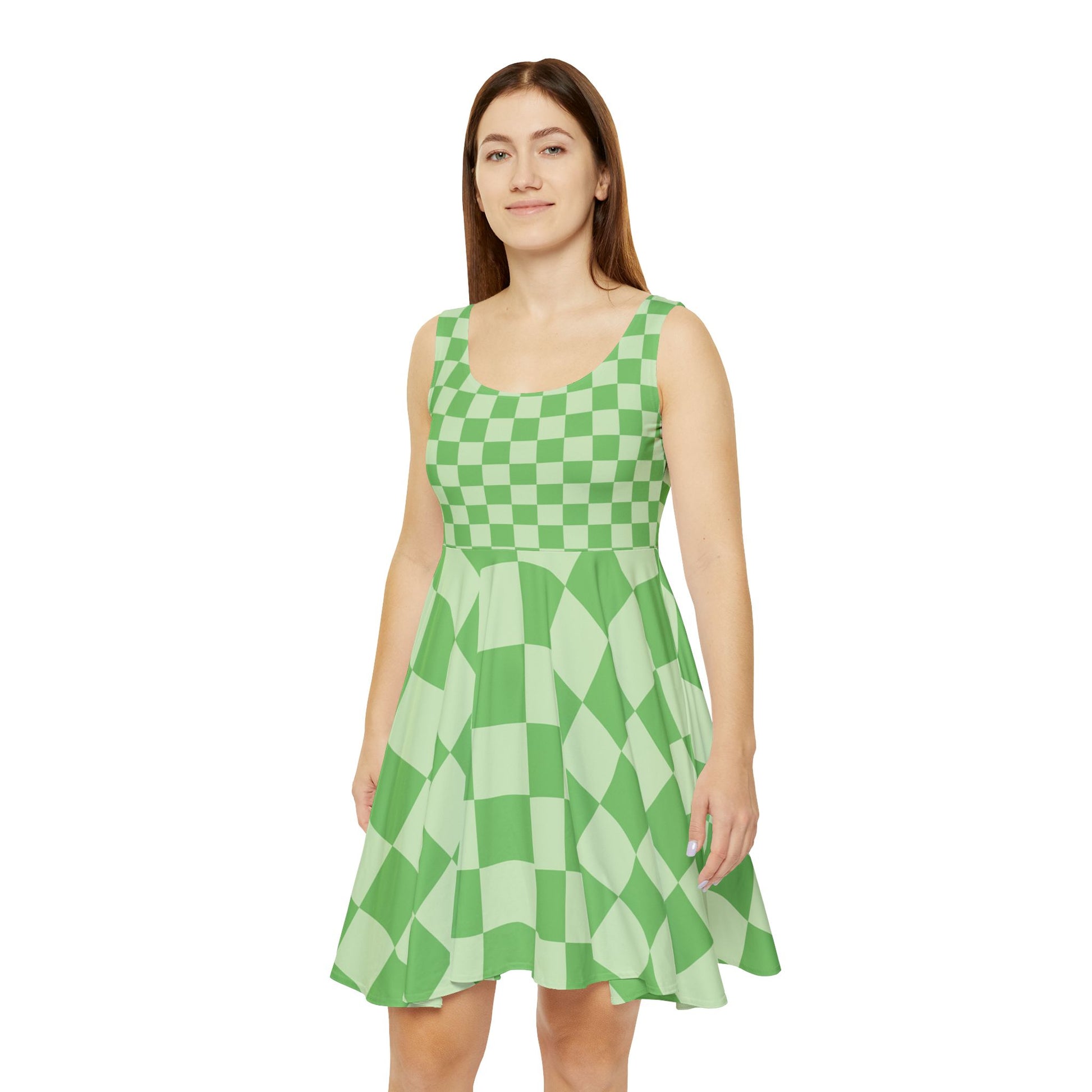 Checkerboard Green Women's Skater Dress (AOP), Artsulli - Art is Long, Life is Short, All Over Prints, , , , , , , 