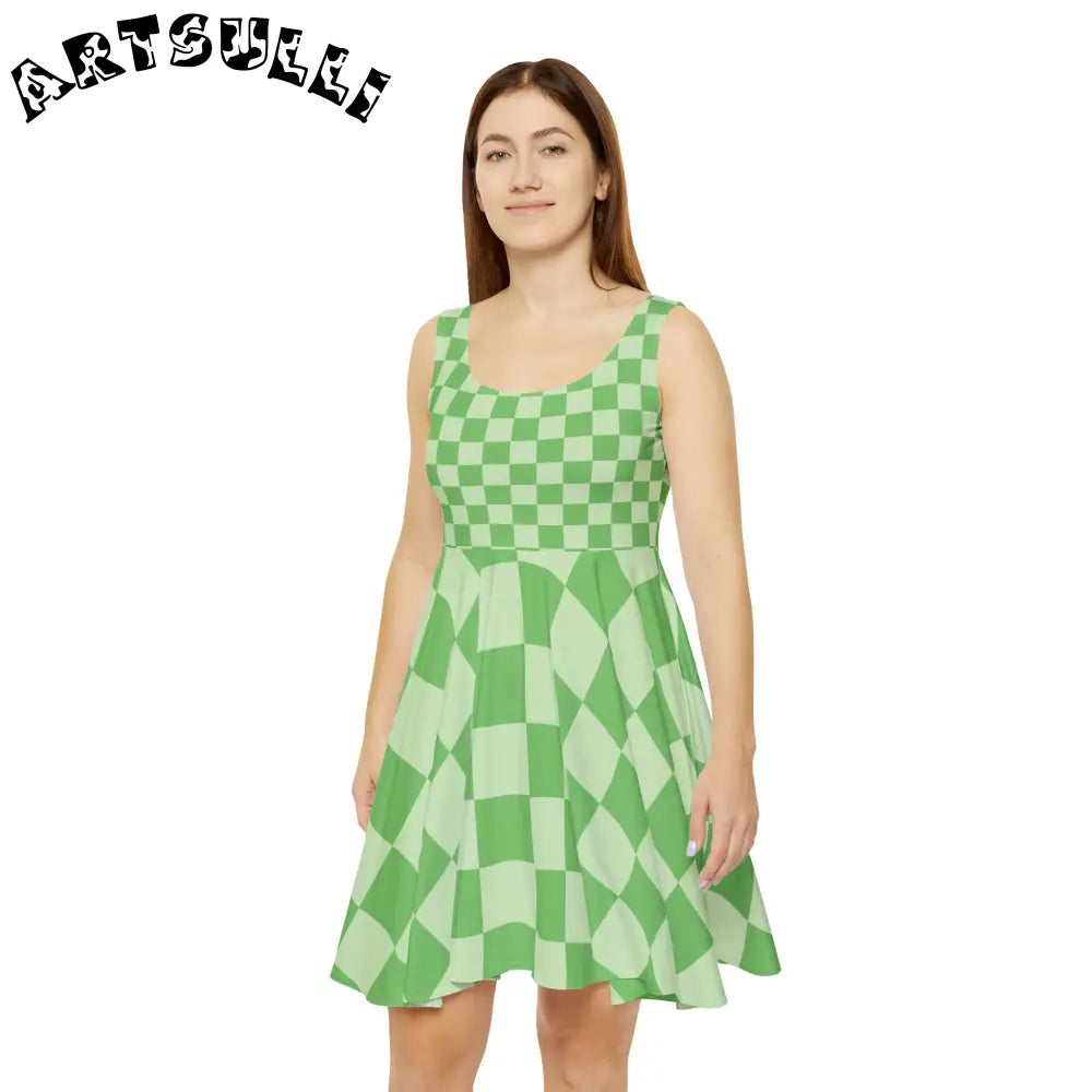 JAKKOUTTHEBXX Checkerboard Green Women’s Skater Dress (AOP)