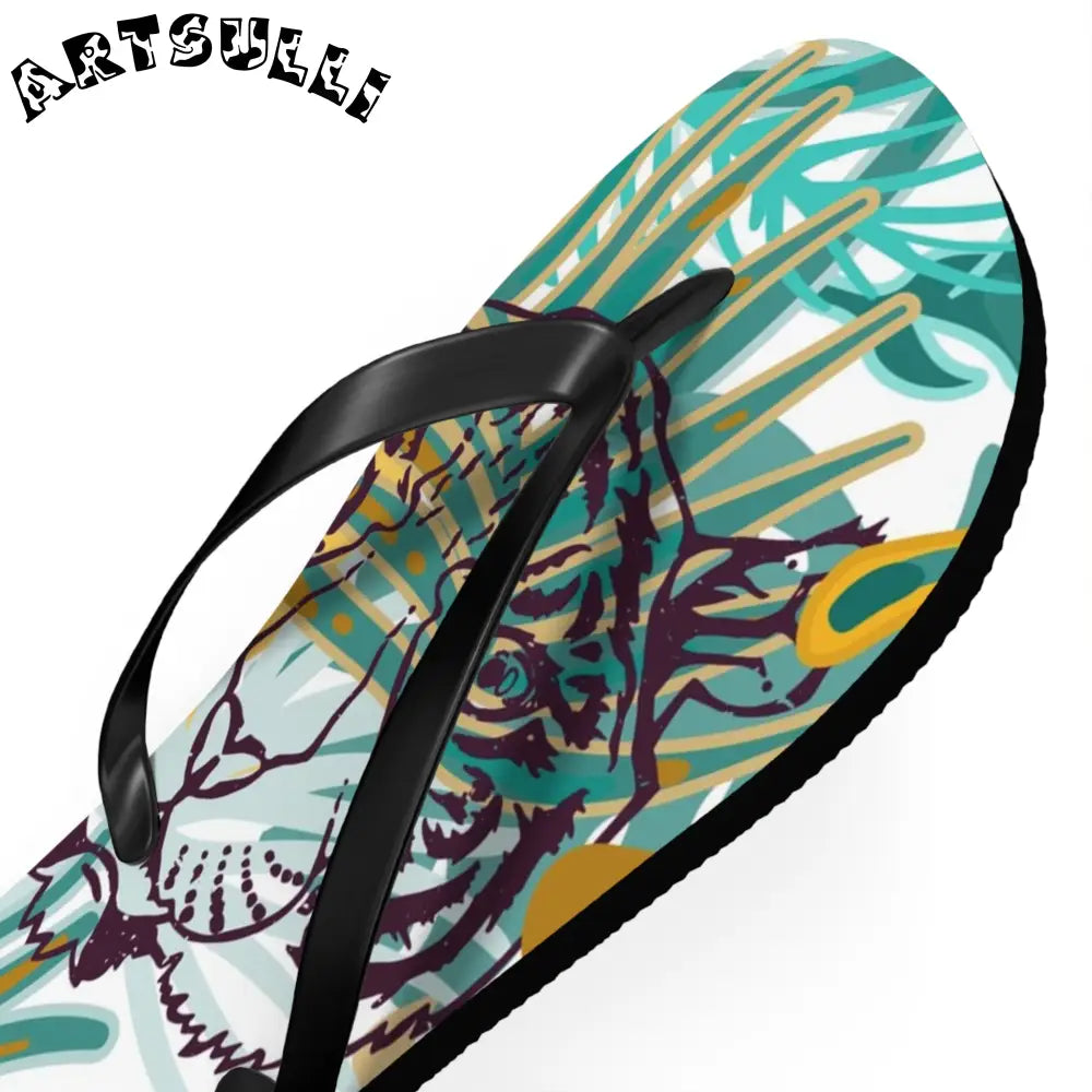 JAKKOUTTHEBXX Tropical Jungle Tigers Brown and Green Flip Flops