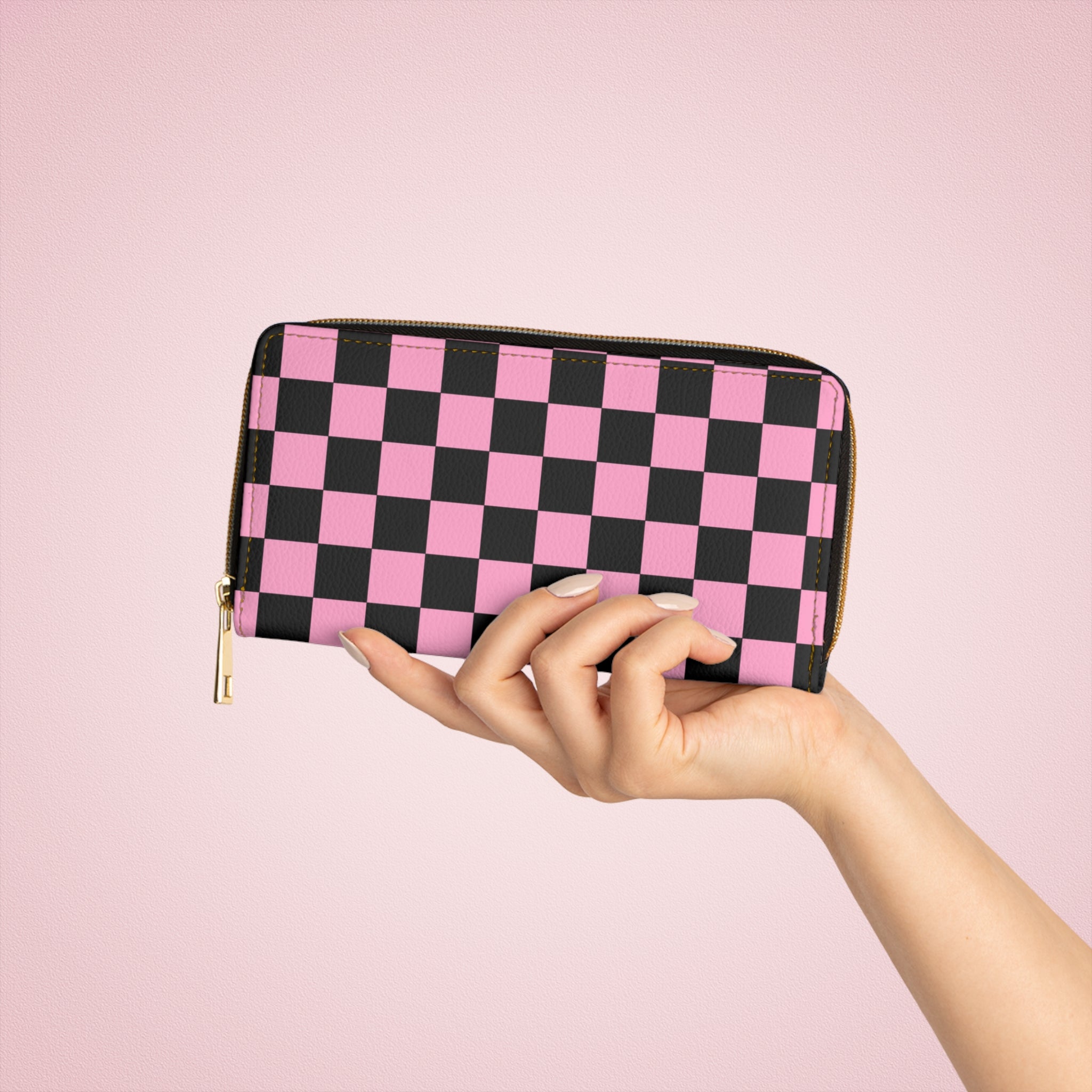 Checkerboard Black and Pink Zipper Wallet, Artsulli - Art is Long, Life is Short, Accessories, , , , , , , 