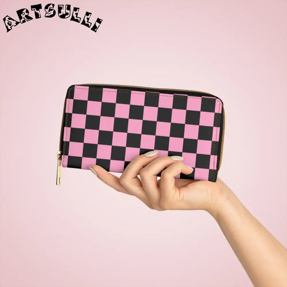 JAKKOUTTHEBXX Checkerboard Black and Pink Zipper Wallet