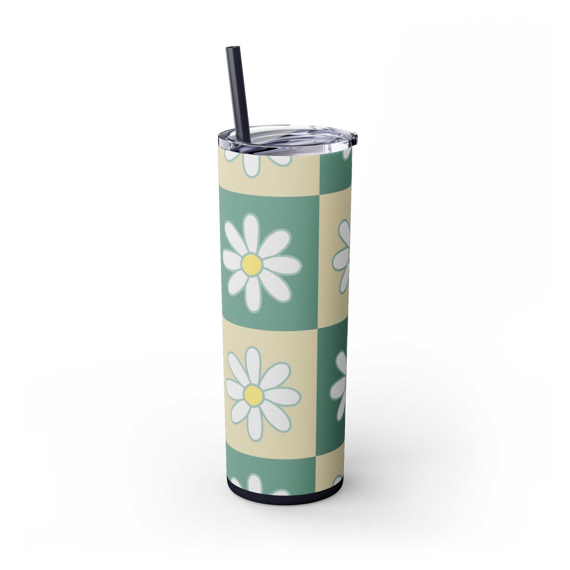 Retro Daisy Checkerboard Green and Tan Skinny Tumbler with Straw, 20oz, Artsulli - Art is Long, Life is Short, Mug, , , , , , , 