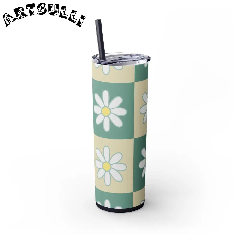 JAKKOUTTHEBXX Retro Daisy Checkerboard Green and Tan Skinny Tumbler
