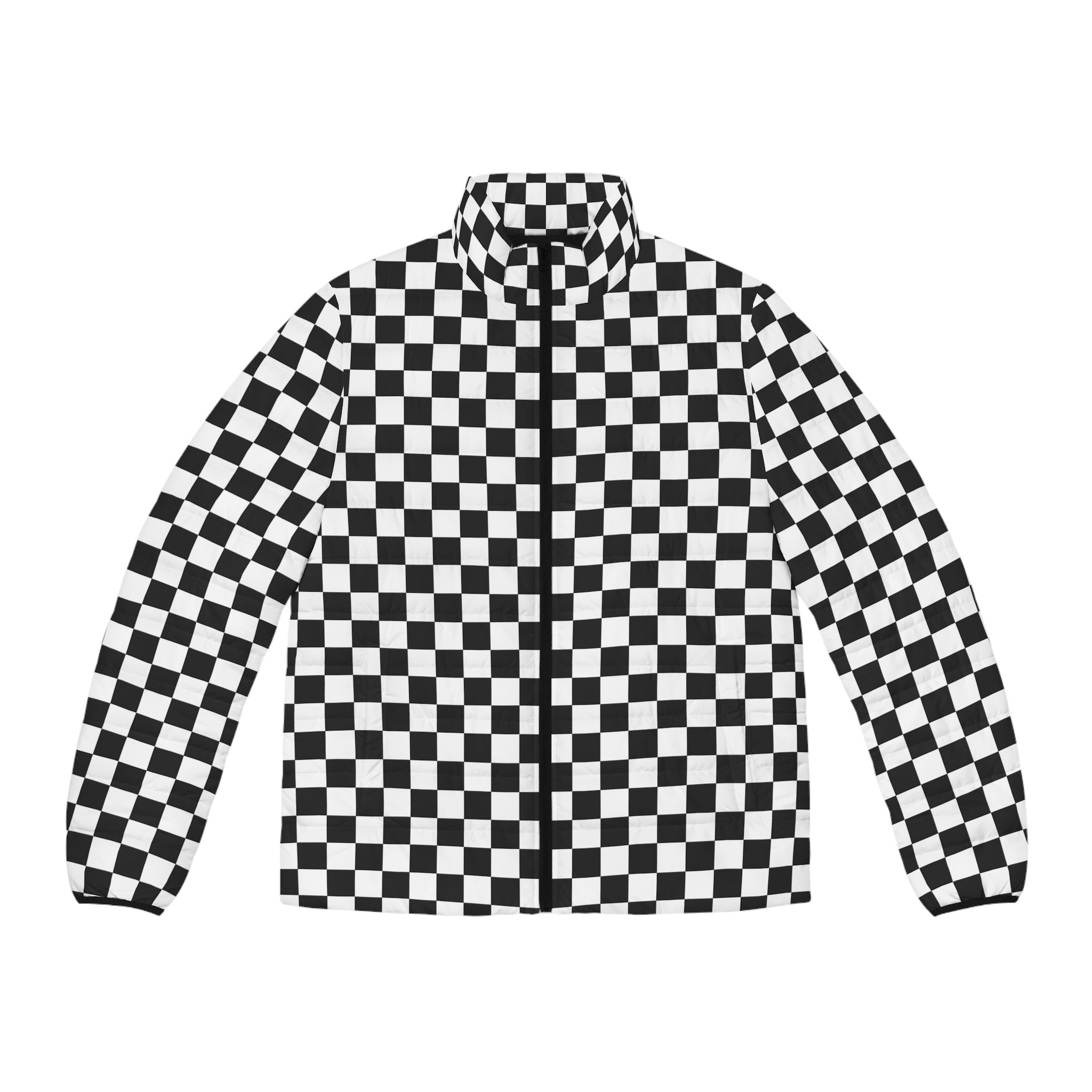 Checkerboard White and Black Men's Puffer Jacket (AOP), Artsulli - Art is Long, Life is Short, All Over Prints, Size, S, Color, Black zipper, , , 15945582519534056245