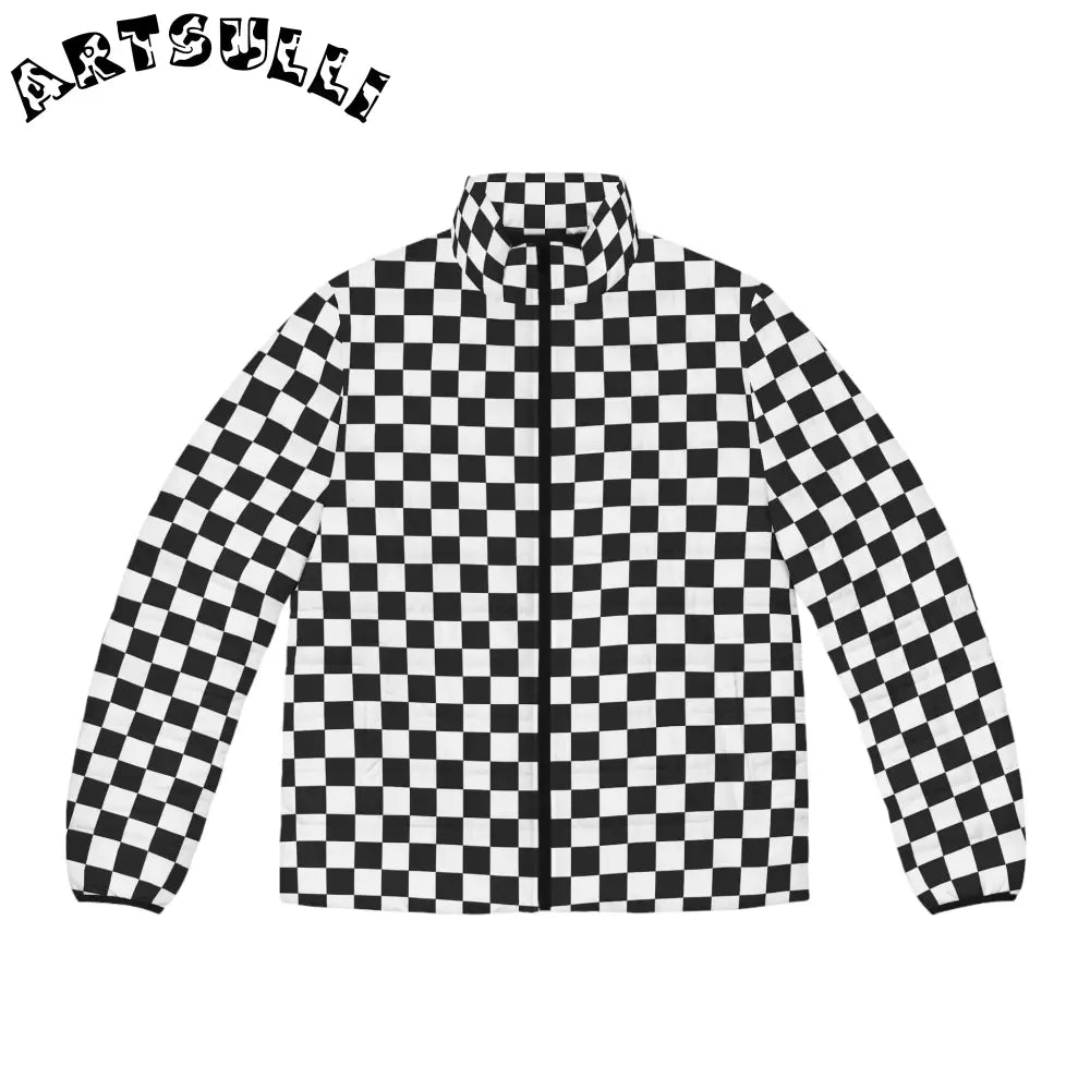 JAKKOUTTHEBXX Checkerboard White and Black Men’s Puffer Jacket (AOP)