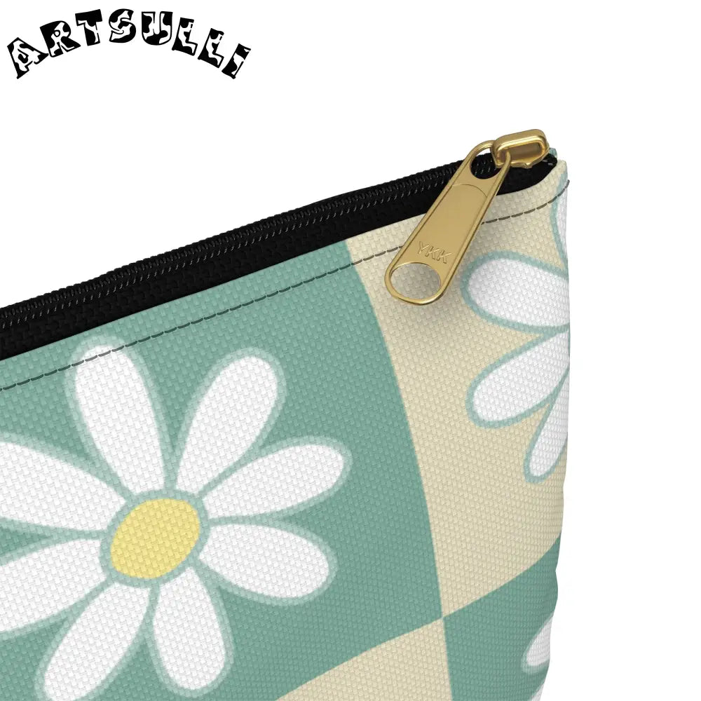 JAKKOUTTHEBXX Retro Daisy Checkerboard Green and Tan Accessory Pouch