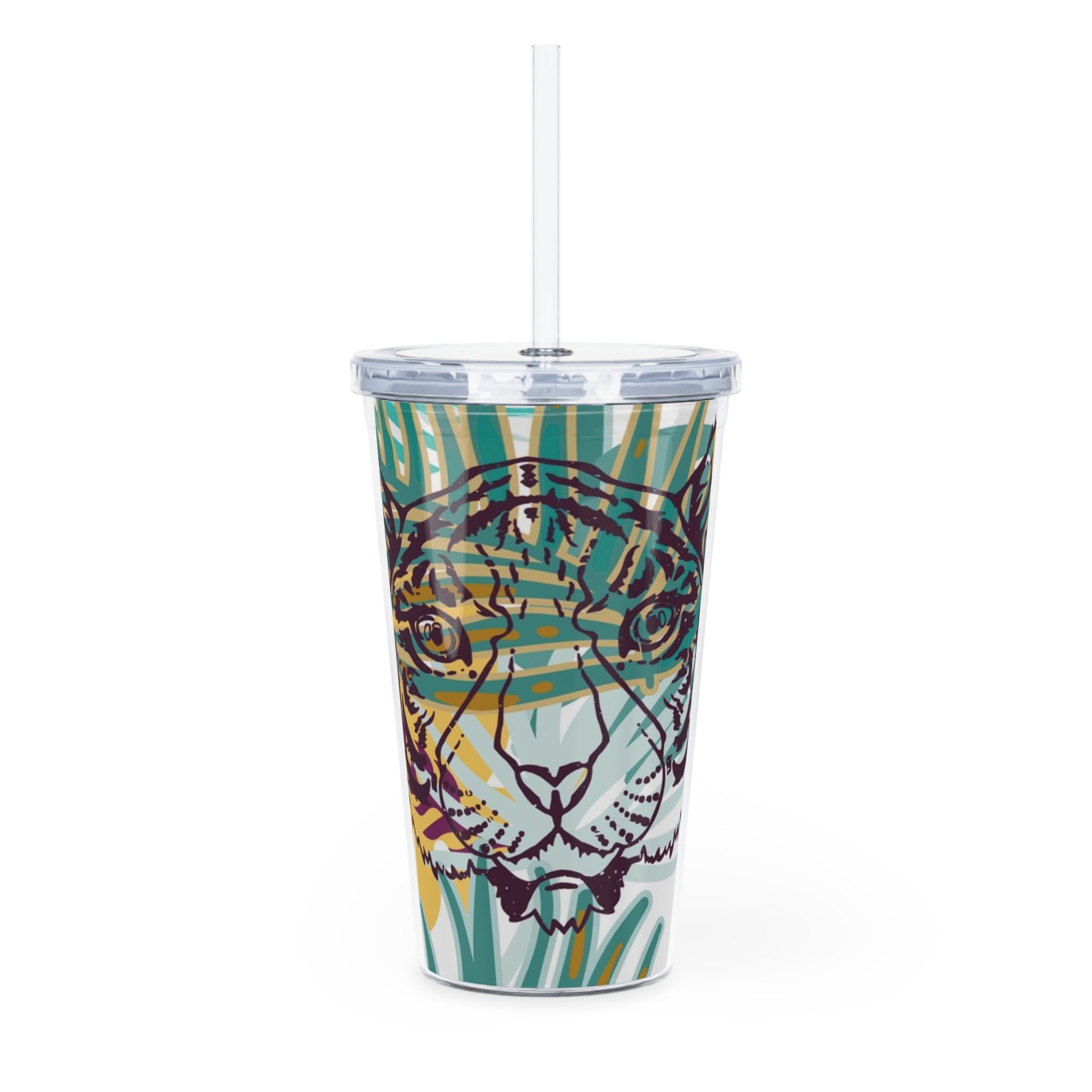 Tropical Jungle Tigers Brown and Green Plastic Tumbler with Straw, Artsulli - Art is Long, Life is Short, Mug, , , , , , , 
