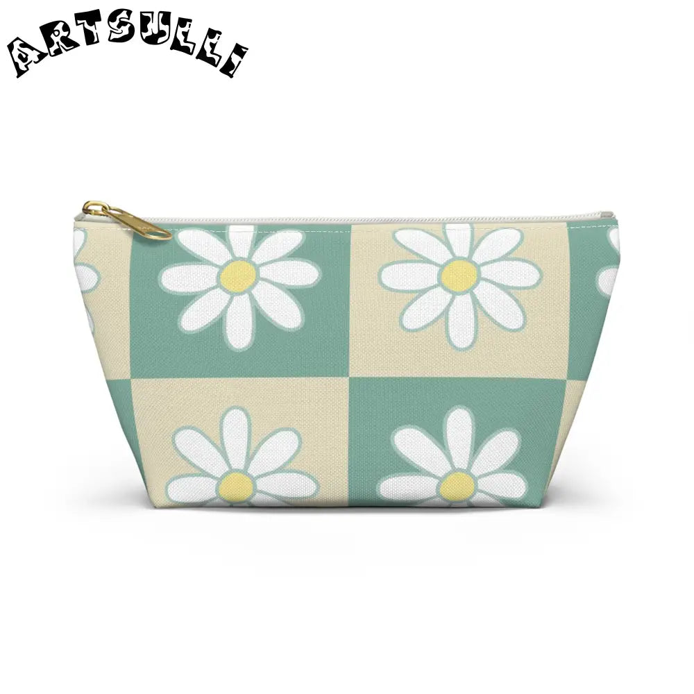 JAKKOUTTHEBXX Retro Daisy Checkerboard Green and Tan Accessory Pouch
