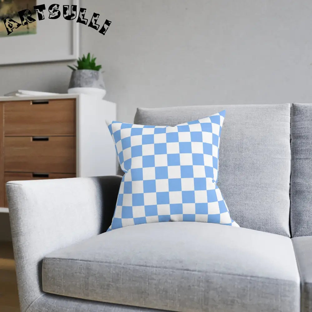 JAKKOUTTHEBXX Checkerboard White and Light Blue Square Pillow