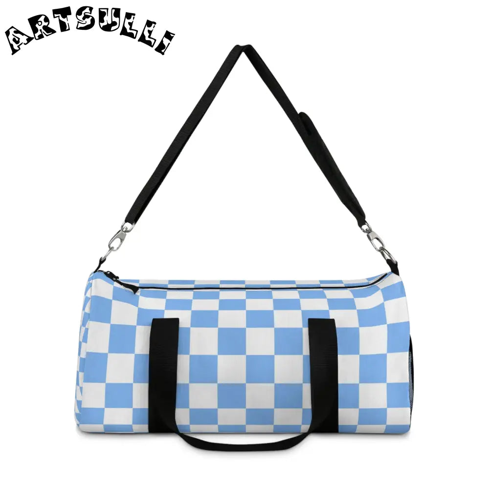 JAKKOUTTHEBXX Checkerboard White and Light Blue Duffel Bag