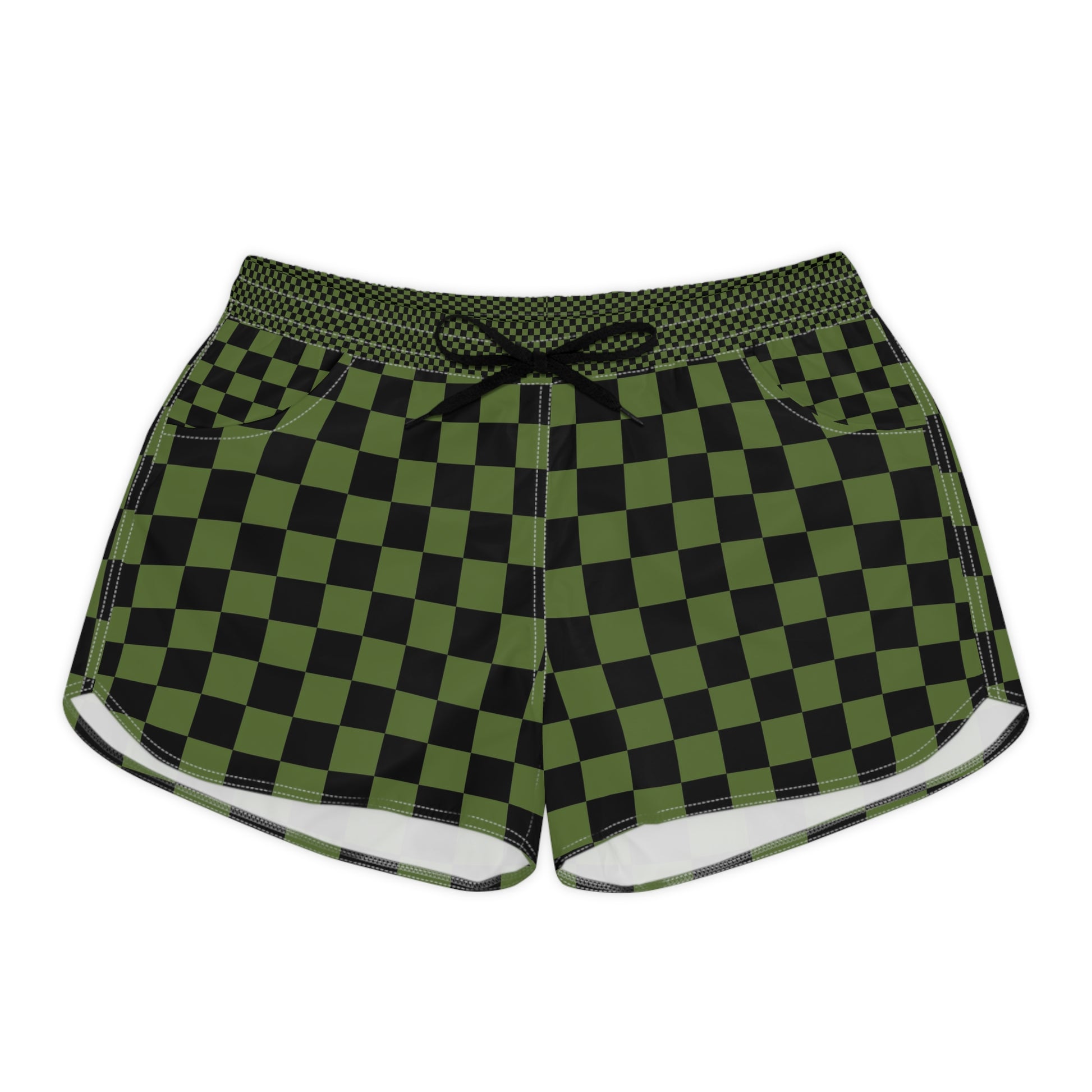 Checkerboard Olive Green and Black Women's Casual Shorts (AOP), Artsulli - Art is Long, Life is Short, All Over Prints, Size, S, Color, Black drawstring, , , 32541584412413348120