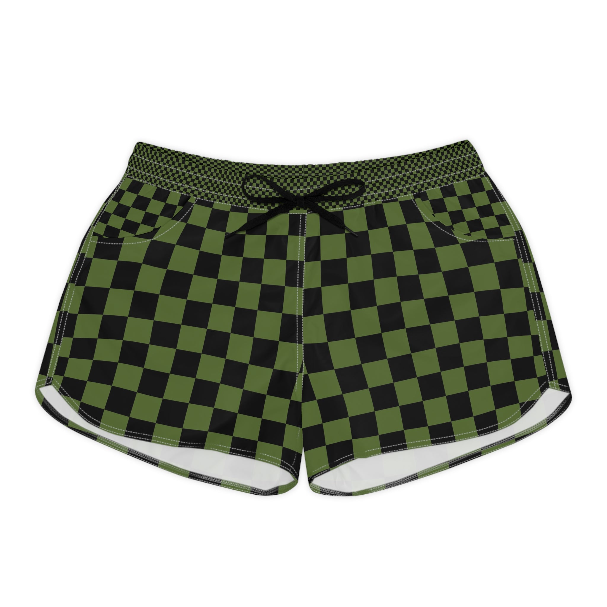 Checkerboard Olive Green and Black Women's Casual Shorts (AOP), Artsulli - Art is Long, Life is Short, All Over Prints, Size, S, Color, Black drawstring, , , 32541584412413348120