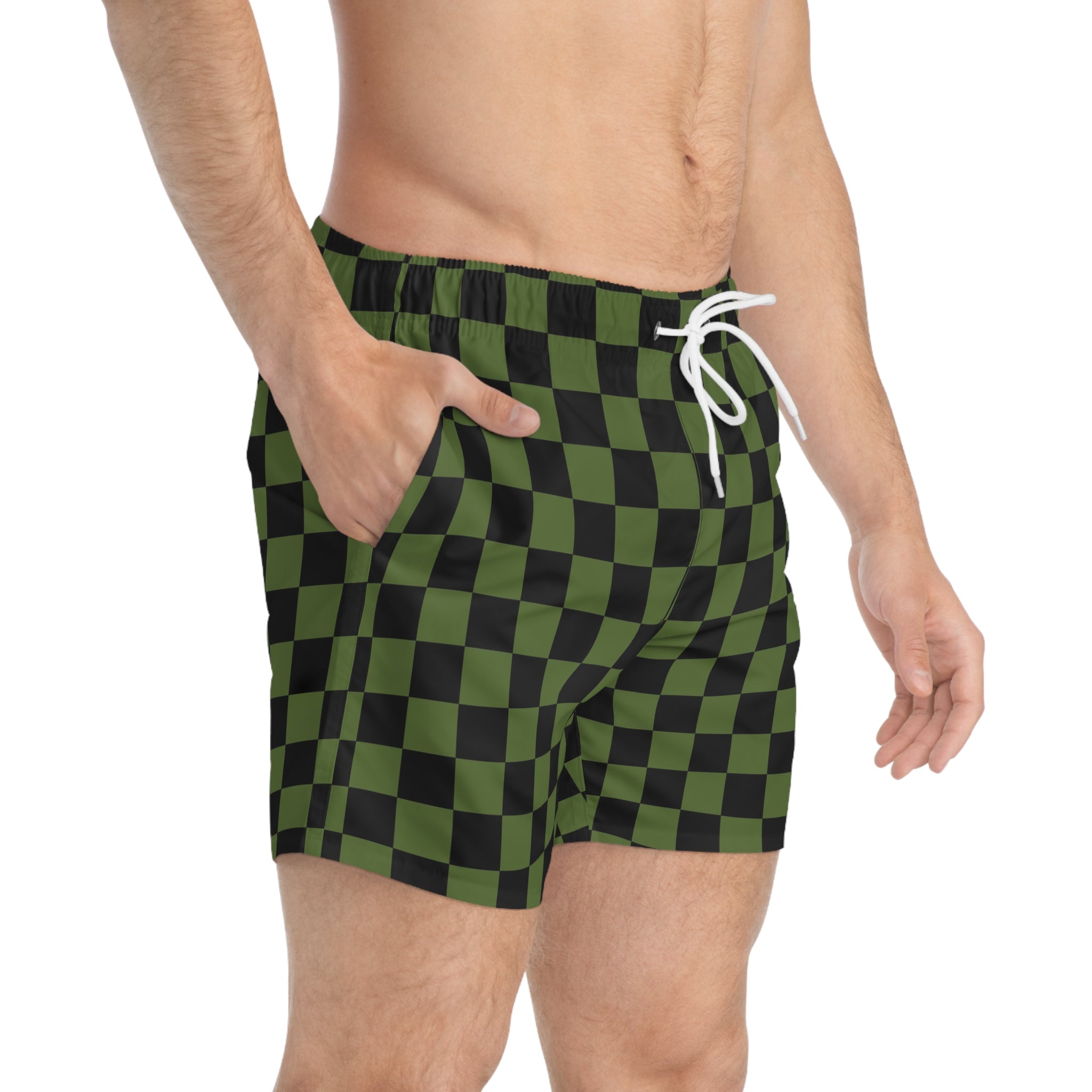 Checkerboard Olive Green and Black Swim Trunks (AOP), Artsulli - Art is Long, Life is Short, All Over Prints, , , , , , , 
