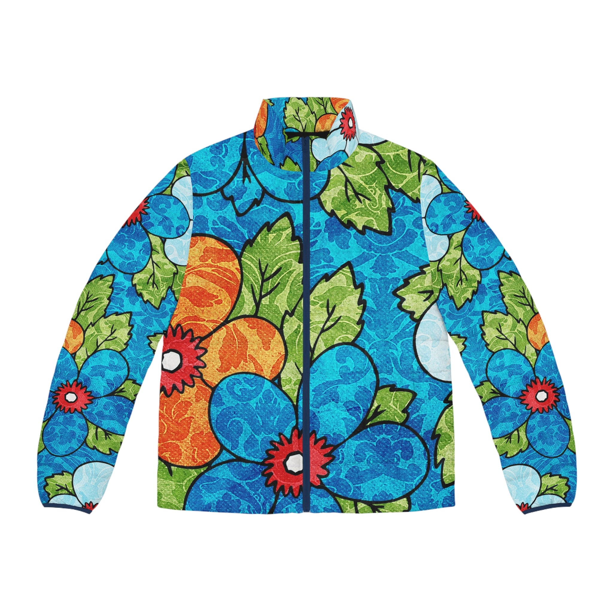 Blue Orange Groovy Men's Puffer Jacket (AOP), Artsulli - Art is Long, Life is Short, All Over Prints, Size, S, Color, Dark blue zipper, , , 10292464089719873519