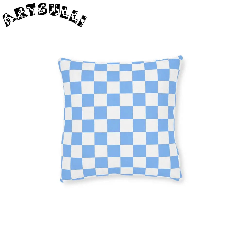 JAKKOUTTHEBXX Checkerboard White and Light Blue Square Pillow