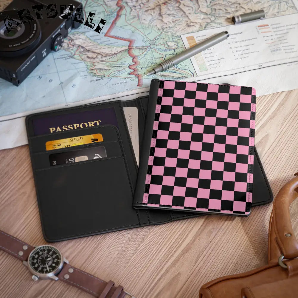 JAKKOUTTHEBXX Checkerboard Black and Pink Passport Cover