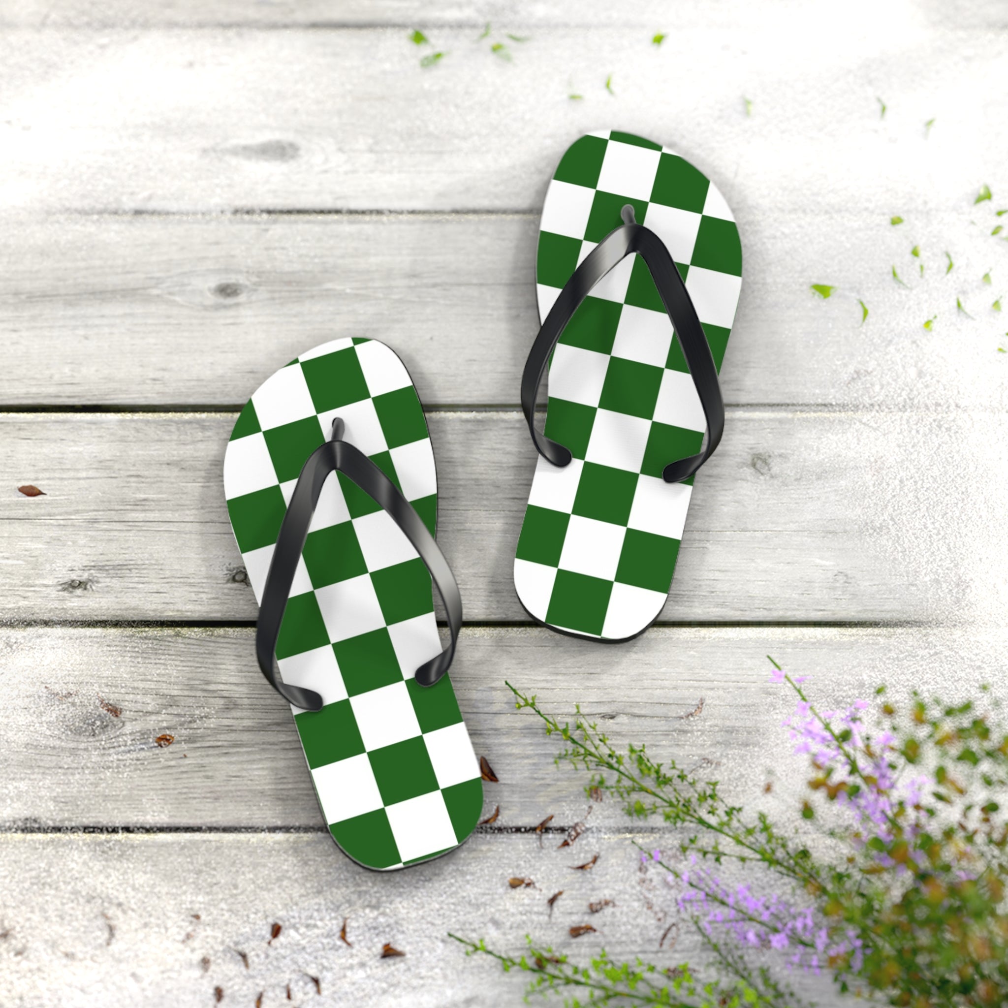 Checkerboard White and Dark Green Flip Flops, Artsulli - Art is Long, Life is Short, Shoes, , , , , , , 