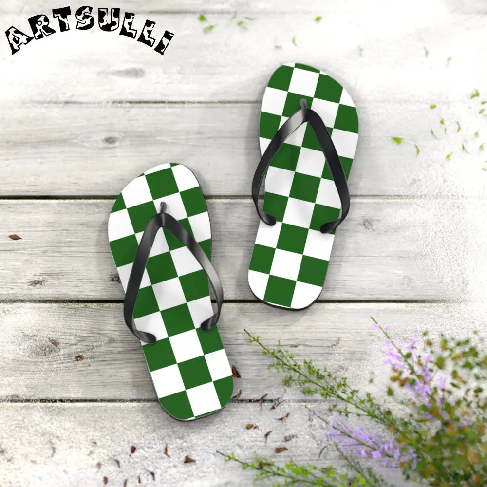 JAKKOUTTHEBXX Checkerboard White and Dark Green Flip Flops