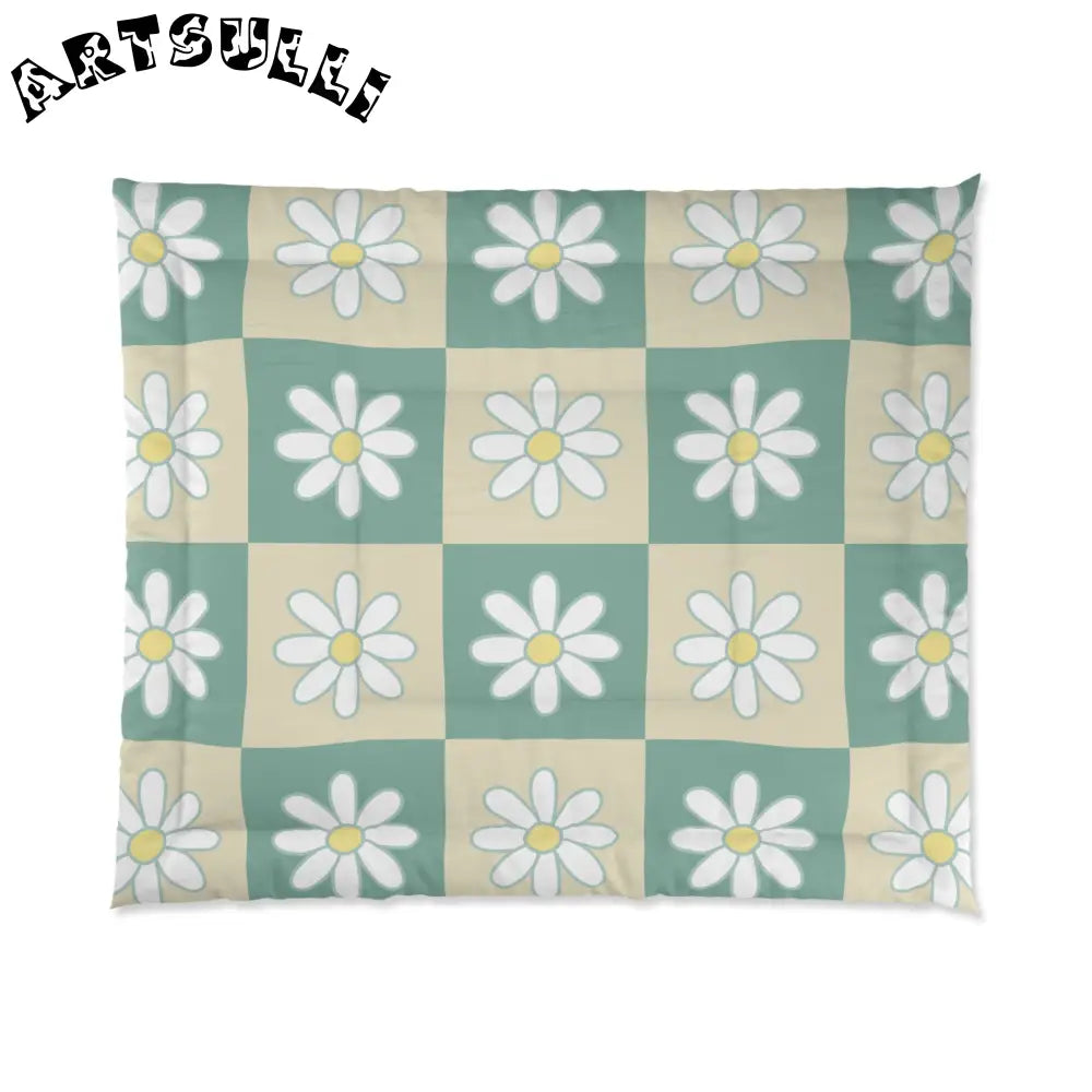 JAKKOUTTHEBXX Retro Daisy Checkerboard Green and Tan Comforter