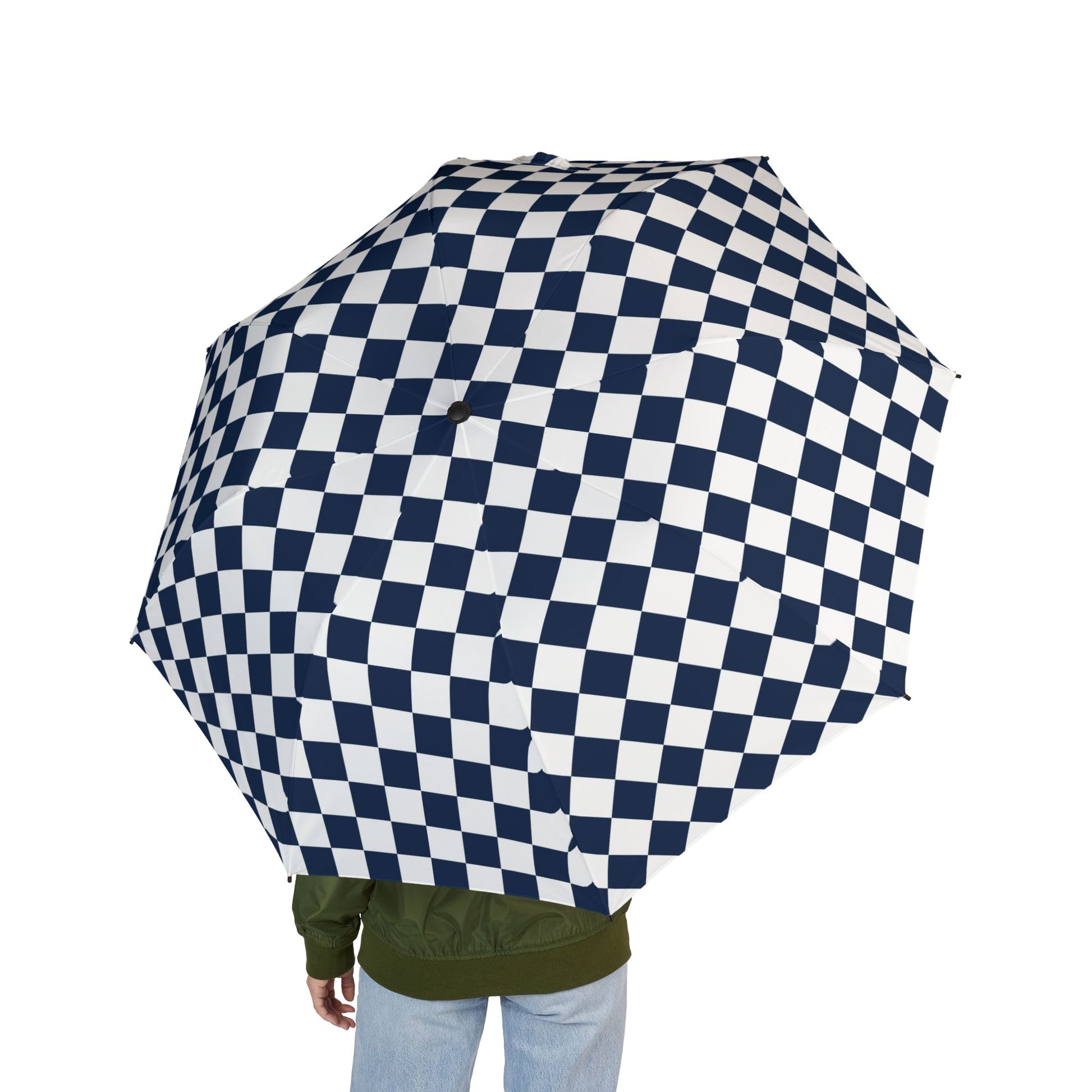 Checkerboard II White and Navy Blue Semi-Automatic Foldable Umbrella, Artsulli - Art is Long, Life is Short, Accessories, , , , , , , 