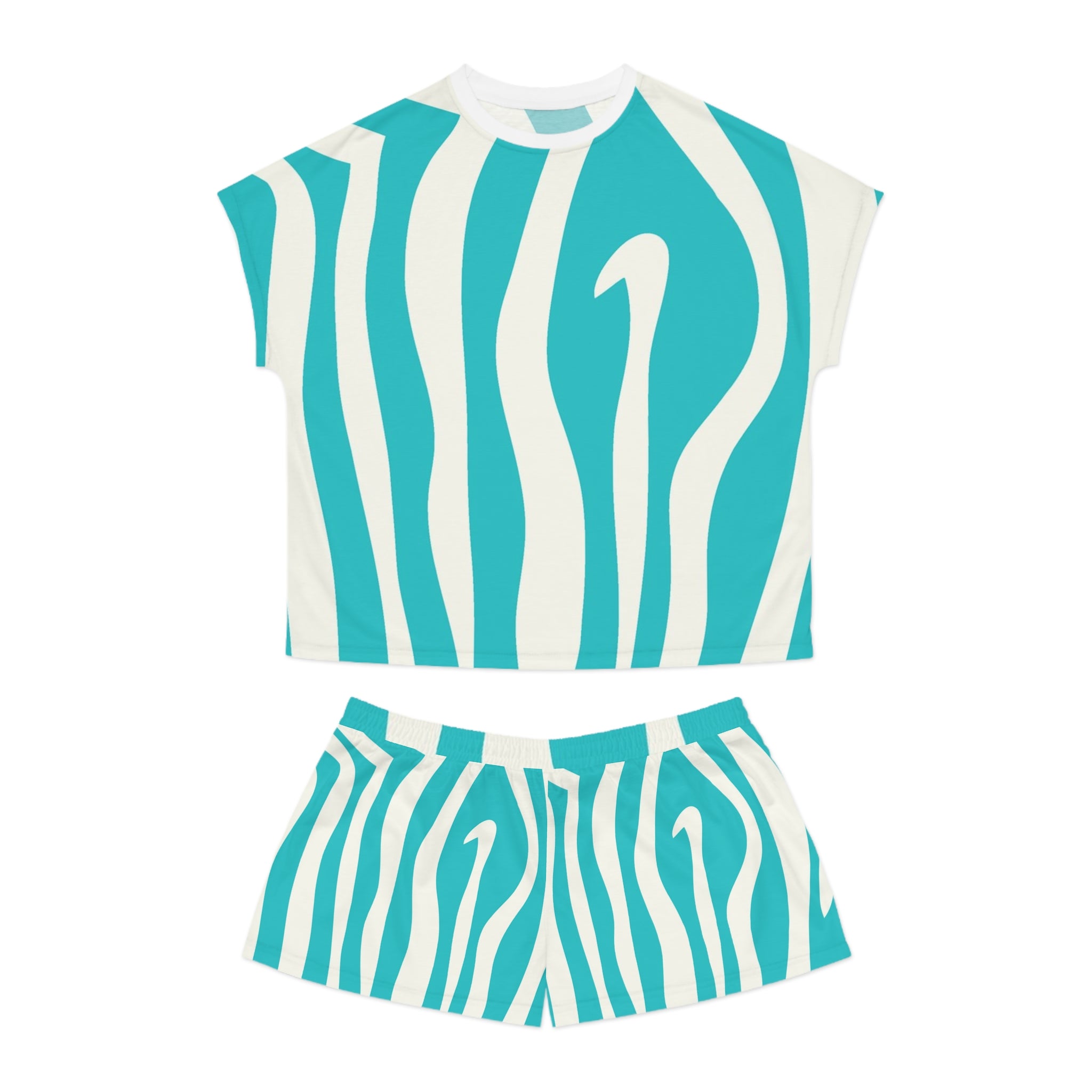 Melting Zebra Stripes Turquoise and White Women's Short Pajama Set (AOP), Artsulli - Art is Long, Life is Short, All Over Prints, Size, S, Color, White, , , 73428931933438