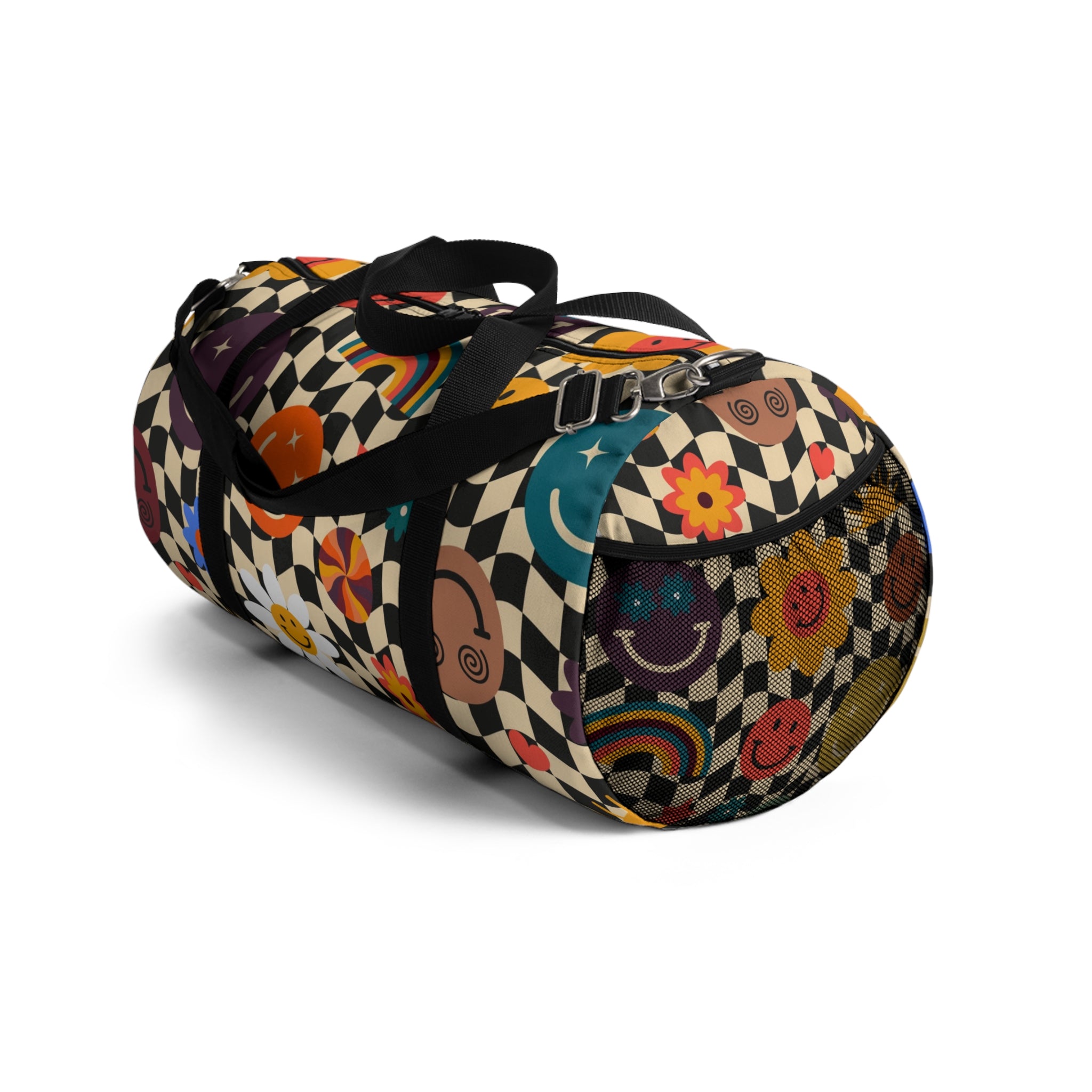 Trippy x Wavy Checkerboard x Smiley Face x Rainbow x Flowers II Multi-Color Duffel Bag, Artsulli - Art is Long, Life is Short, Bags, , , , , , , 