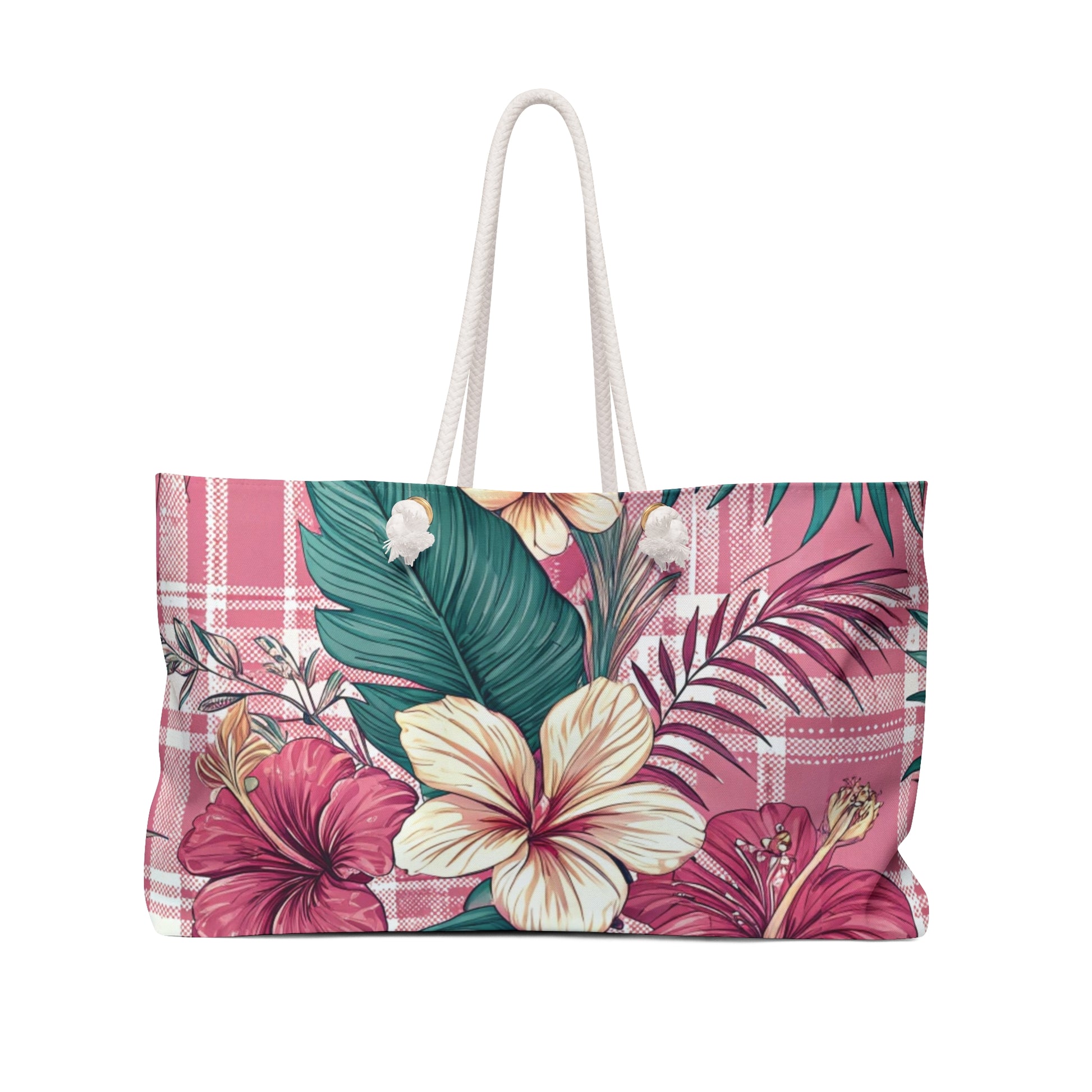 Plaid x Floral Pink and Green Weekender Bag, Artsulli - Art is Long, Life is Short, Bags, Size, 24" × 13", , , , , 95661755855765