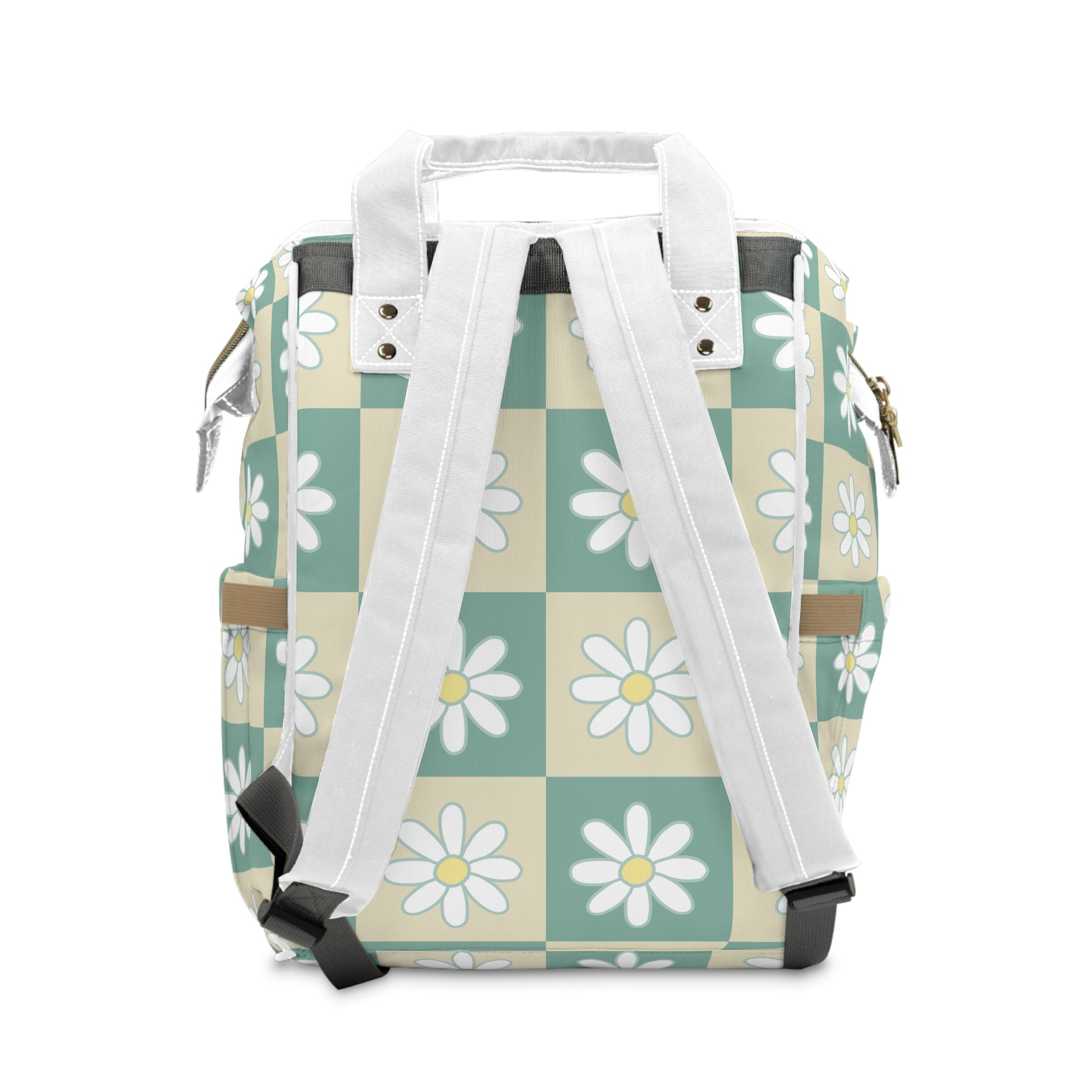 Retro Daisy Checkerboard Green and Tan Multifunctional Diaper Backpack, Artsulli - Art is Long, Life is Short, Bags, , , , , , , 