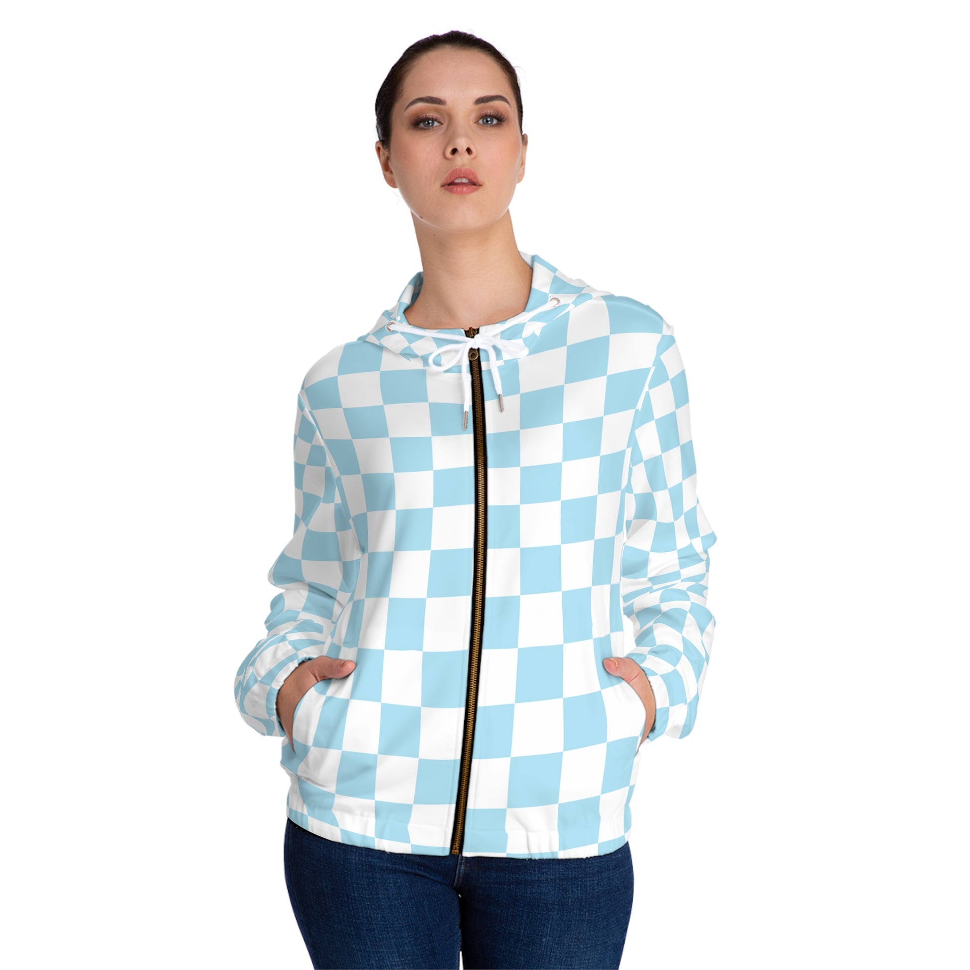 Checkerboard Sky Blue Women’s Full-Zip Hoodie (AOP), Artsulli - Art is Long, Life is Short, All Over Prints, , , , , , , 