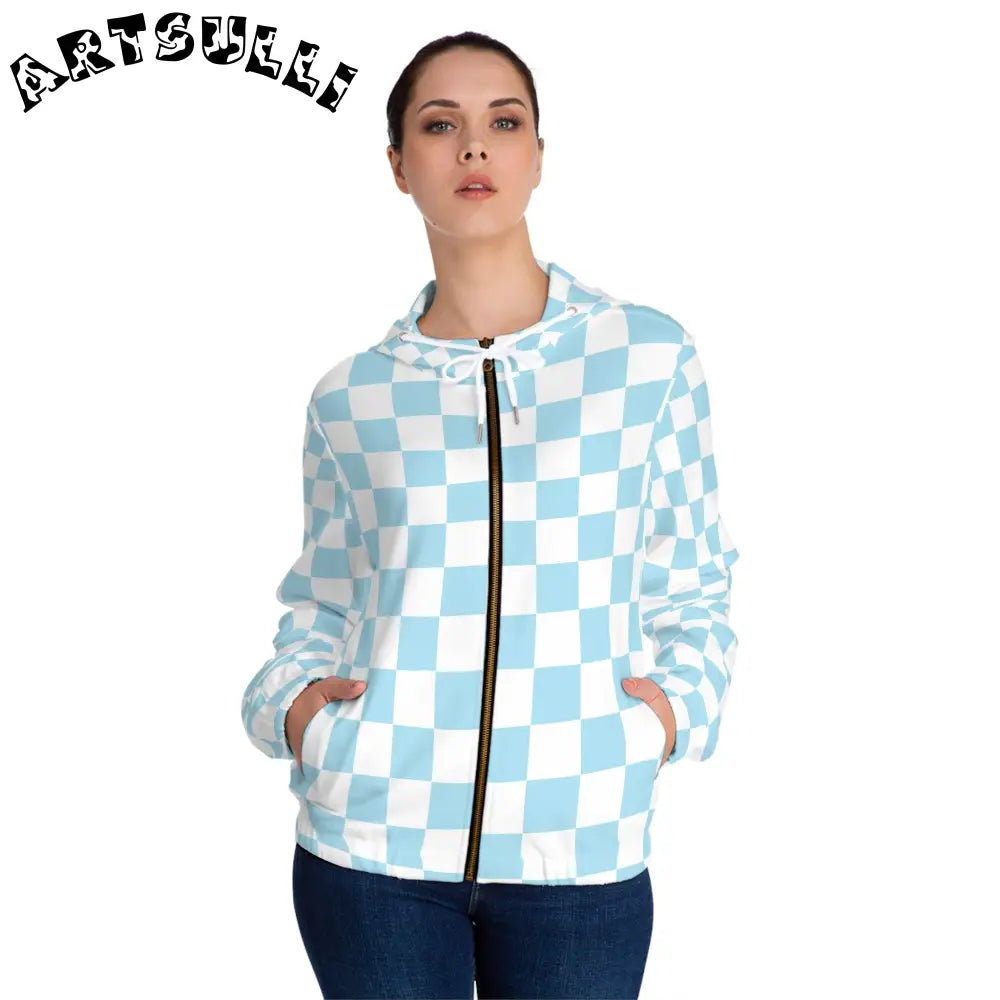 JAKKOUTTHEBXX Checkerboard Sky Blue Women’s Full-Zip Hoodie (AOP)