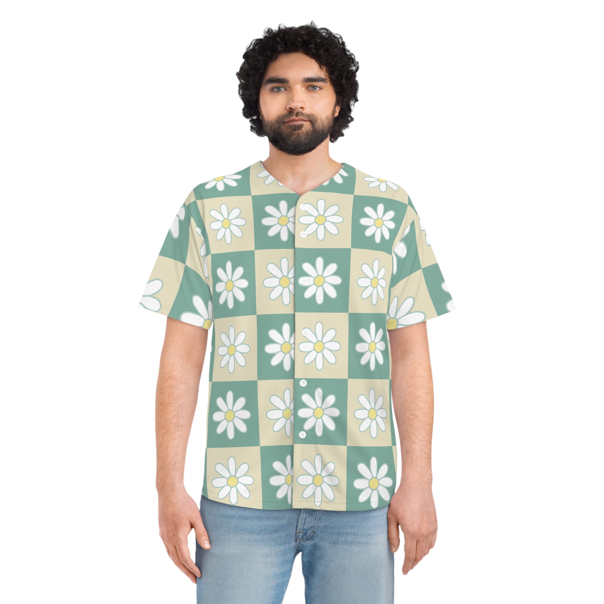 Retro Daisy Checkerboard Green and Tan Men's Baseball Jersey (AOP), Artsulli - Art is Long, Life is Short, All Over Prints, , , , , , , 
