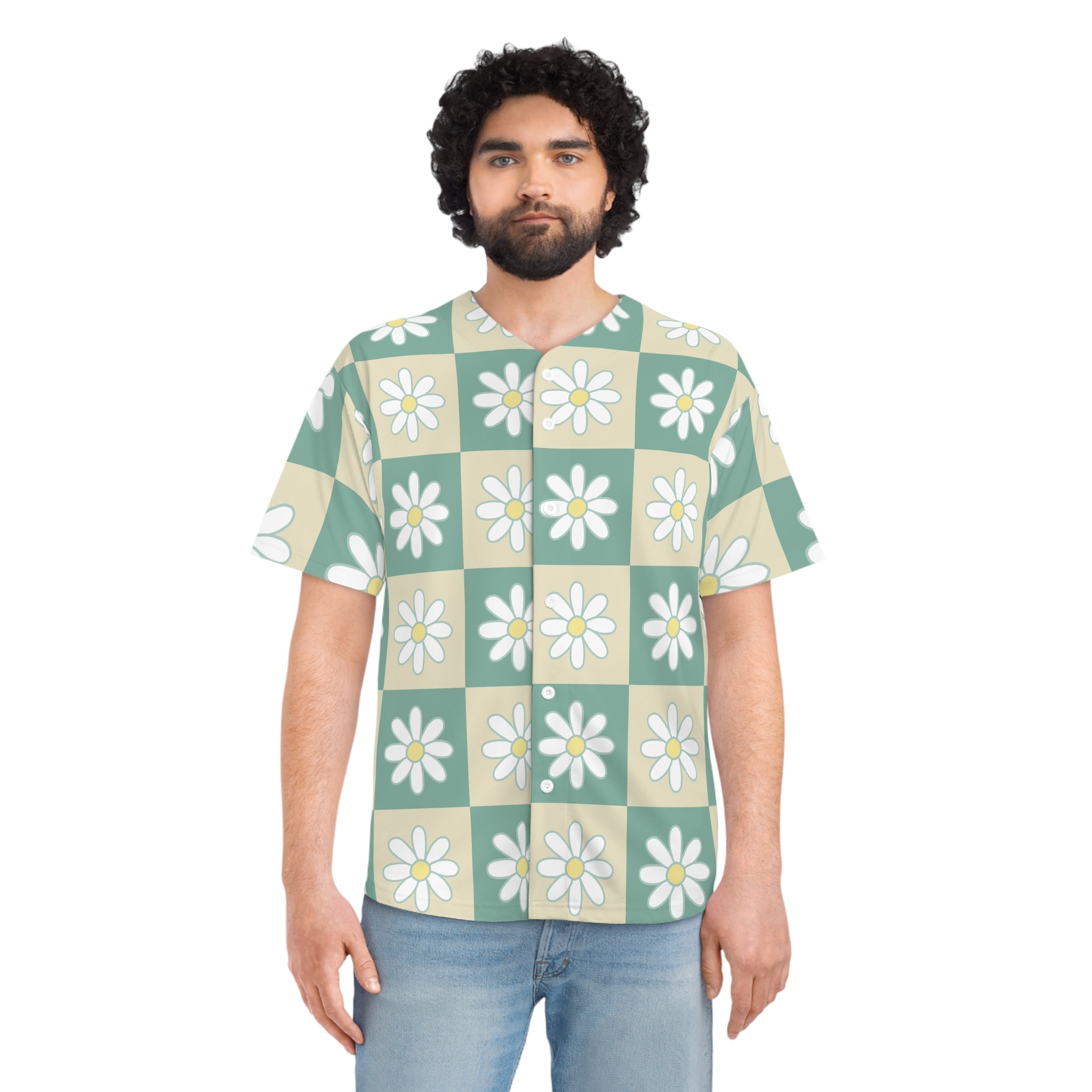 Retro Daisy Checkerboard Green and Tan Men's Baseball Jersey (AOP), Artsulli - Art is Long, Life is Short, All Over Prints, , , , , , , 