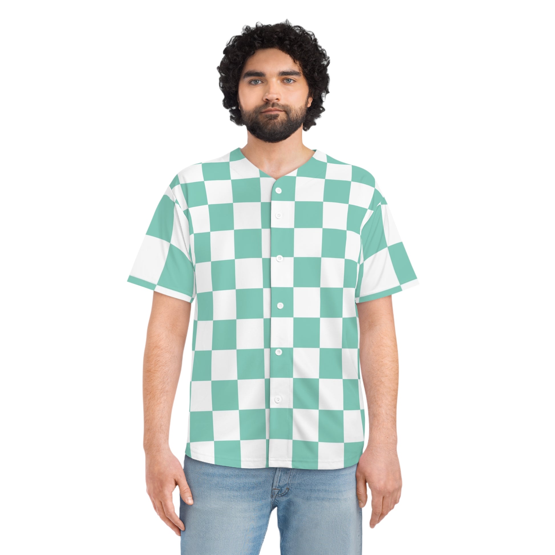 Checkerboard Light Green Men's Baseball Jersey (AOP), Artsulli - Art is Long, Life is Short, All Over Prints, , , , , , , 