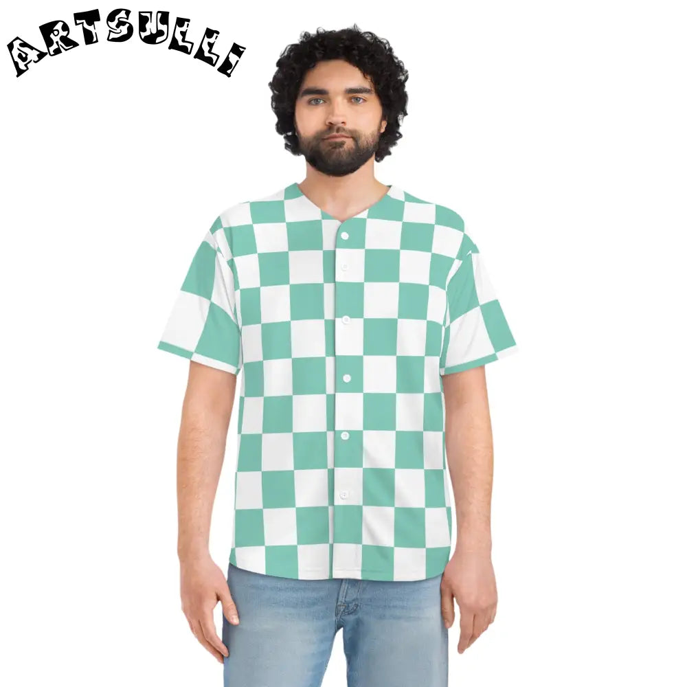 JAKKOUTTHEBXX Checkerboard Light Green Men’s Baseball Jersey (AOP)