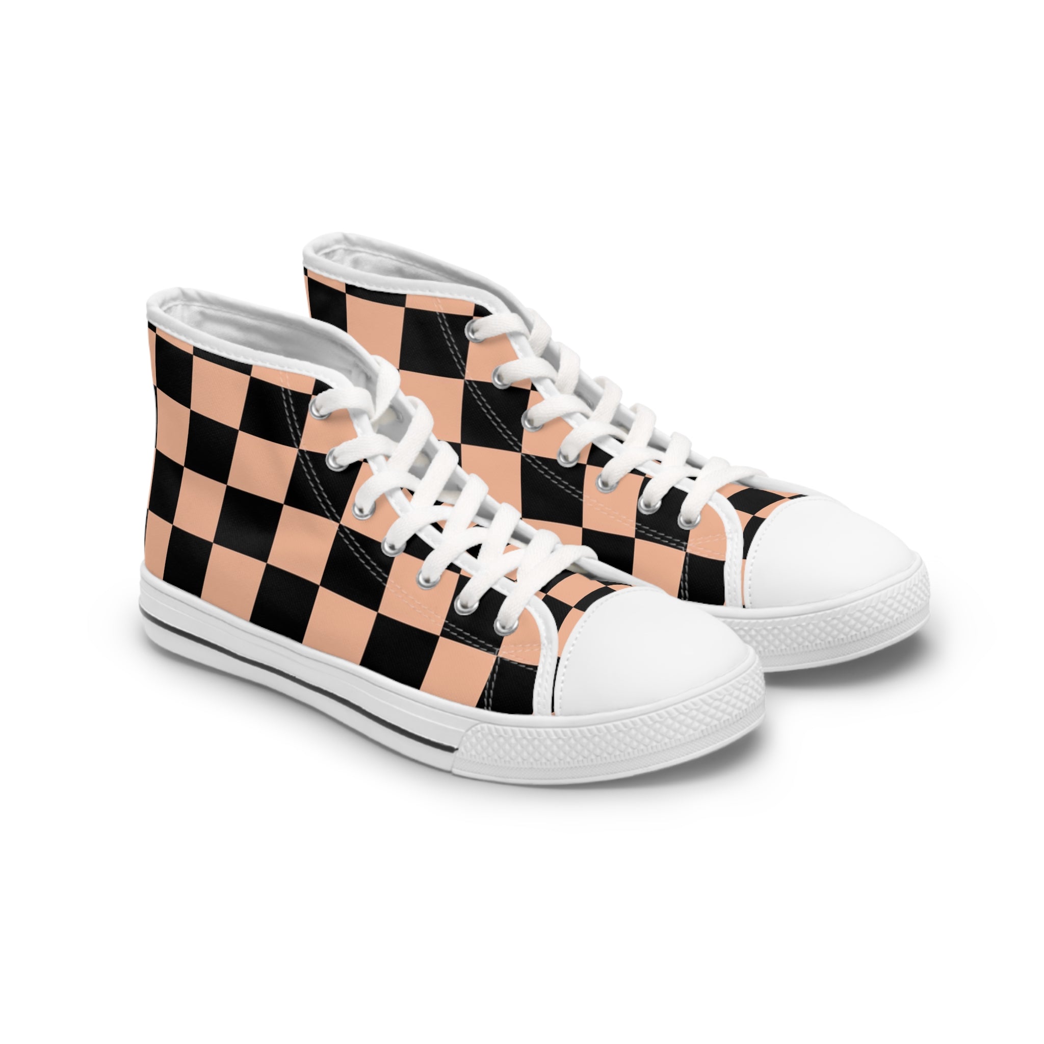 Checkerboard Soft Orange and Black Women's High Top Sneakers, Artsulli - Art is Long, Life is Short, Shoes, Size, US 5.5, Color, White sole, , , 21553822710740913713