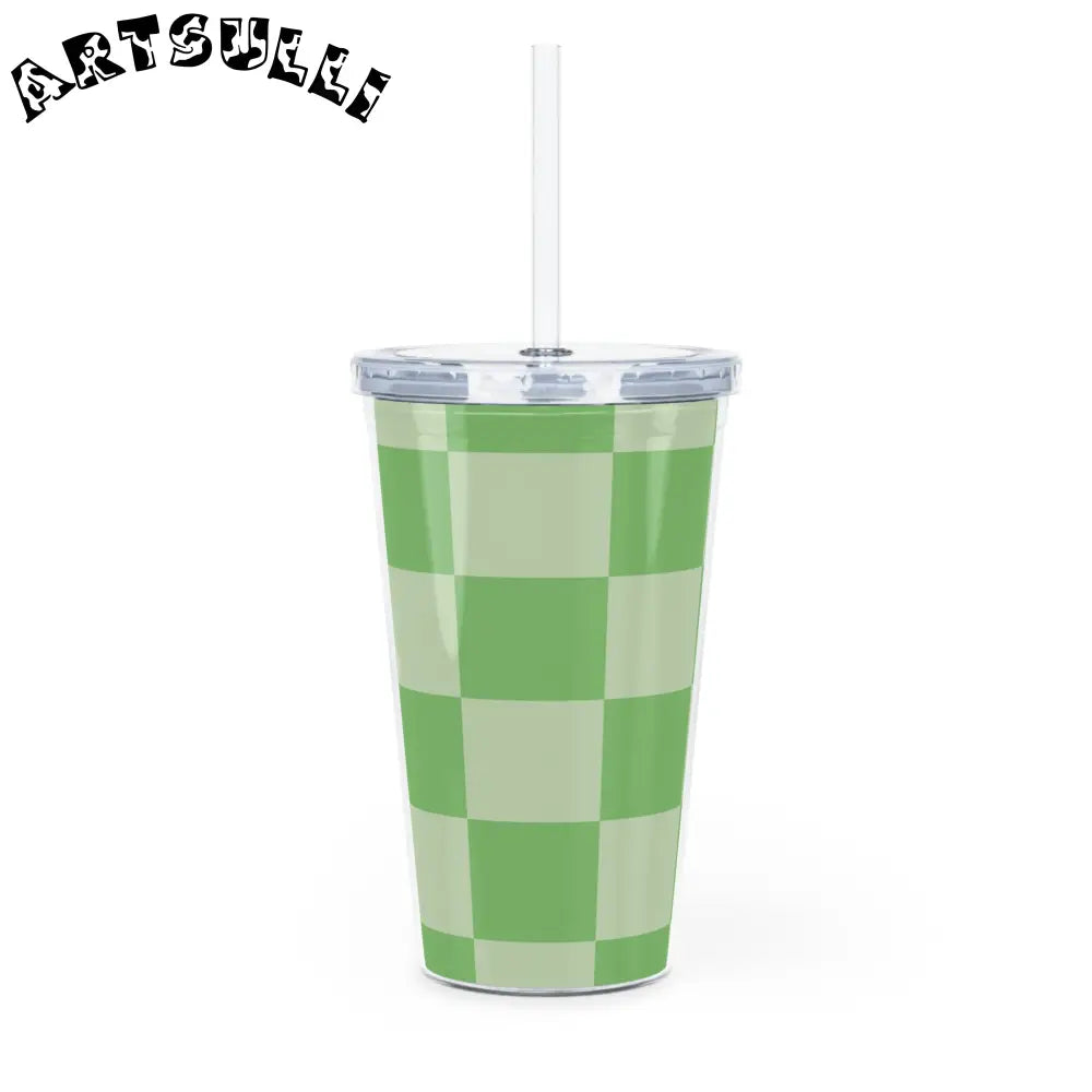 JAKKOUTTHEBXX Checkerboard Green Plastic Tumbler with Straw