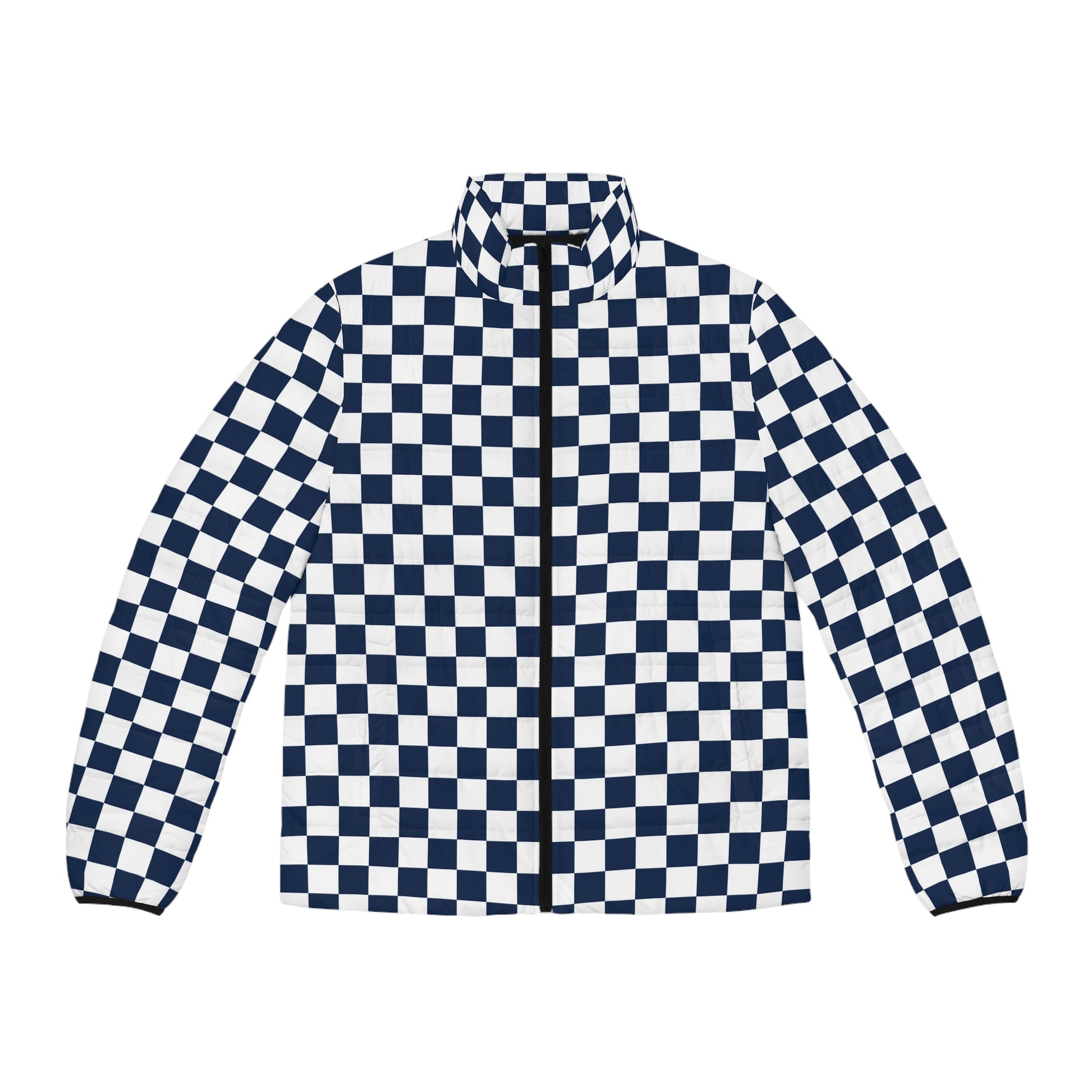Checkerboard White and Navy Blue Men's Puffer Jacket (AOP), Artsulli - Art is Long, Life is Short, All Over Prints, Size, S, Color, Black zipper, , , 24312871160666831832