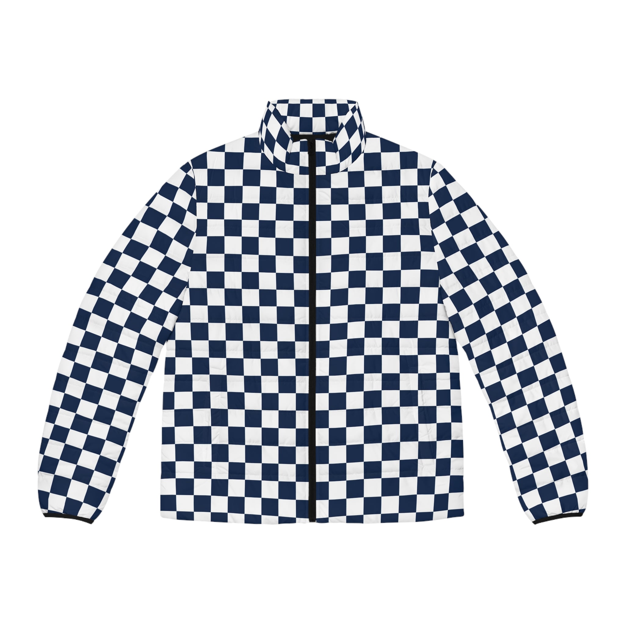 Checkerboard White and Navy Blue Men's Puffer Jacket (AOP), Artsulli - Art is Long, Life is Short, All Over Prints, Size, S, Color, Black zipper, , , 24312871160666831832
