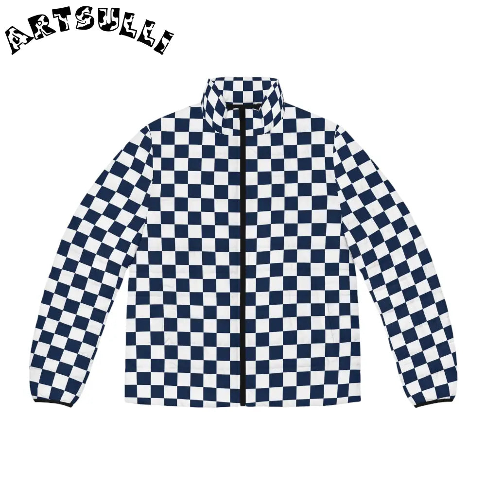 JAKKOUTTHEBXX Checkerboard White and Navy Blue Men’s Puffer Jacket