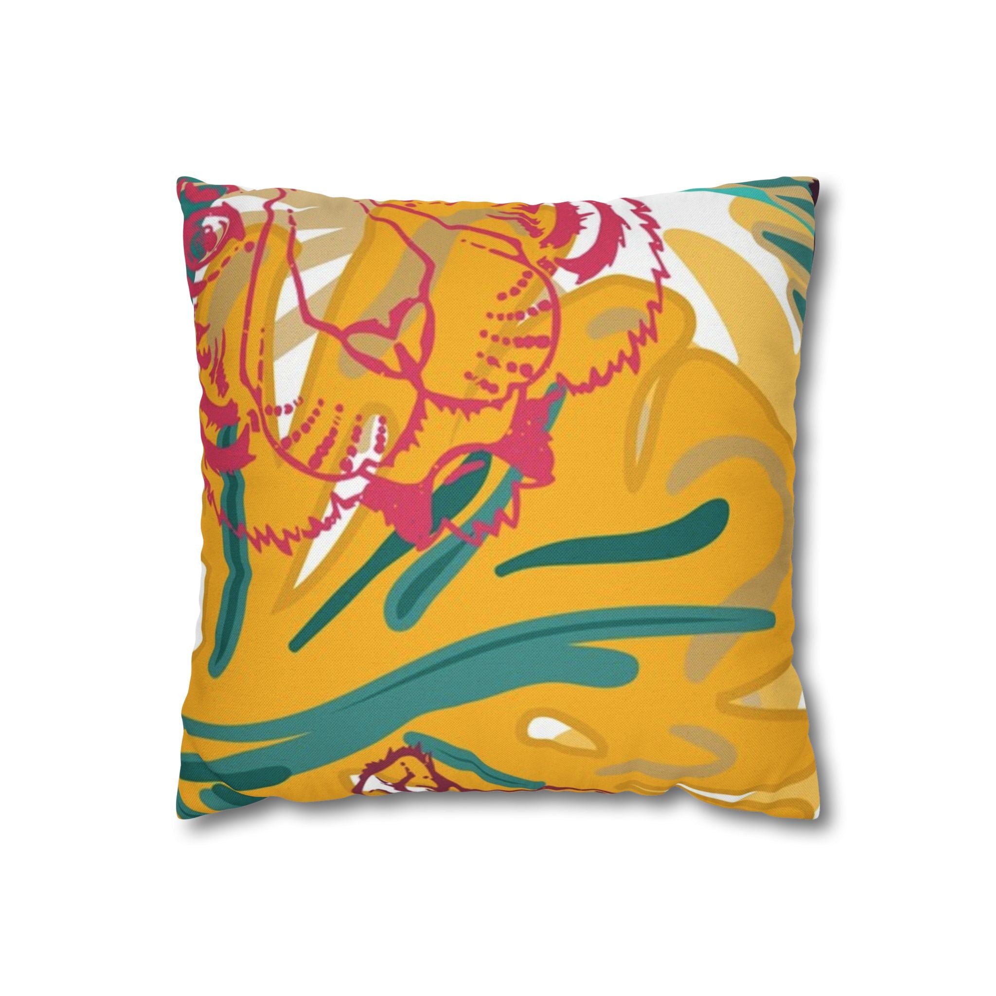 Tropical Jungle Tigers Brown and Green Spun Polyester Square Pillowcase, Artsulli - Art is Long, Life is Short, Home Decor, Size, 14" × 14", , , , , 14506149720737