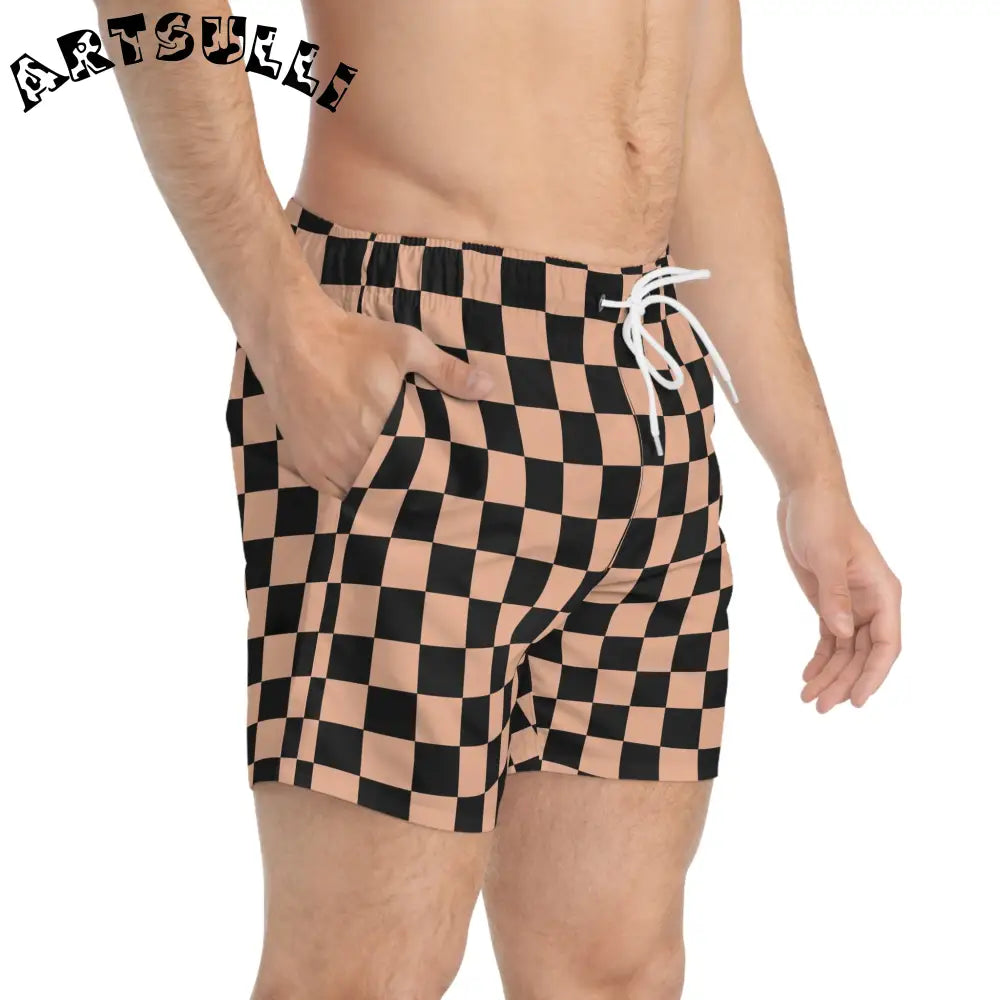 JAKKOUTTHEBXX Checkerboard II Soft Orange and Black Swim Trunks