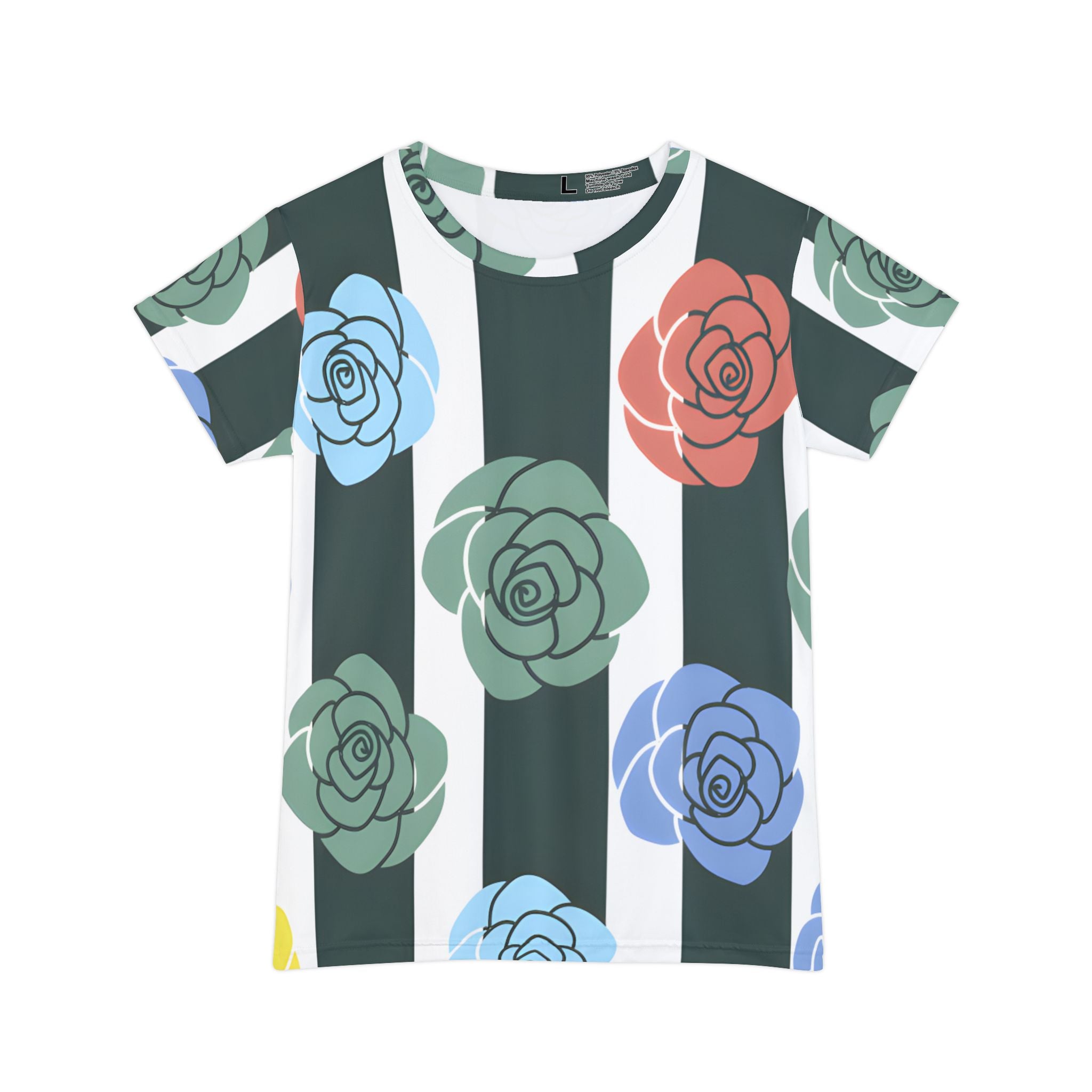 Stripes x Roses Black and White Women's Short Sleeve Shirt (AOP), Artsulli - Art is Long, Life is Short, All Over Prints, Size, XS, , , , , 11857127958407