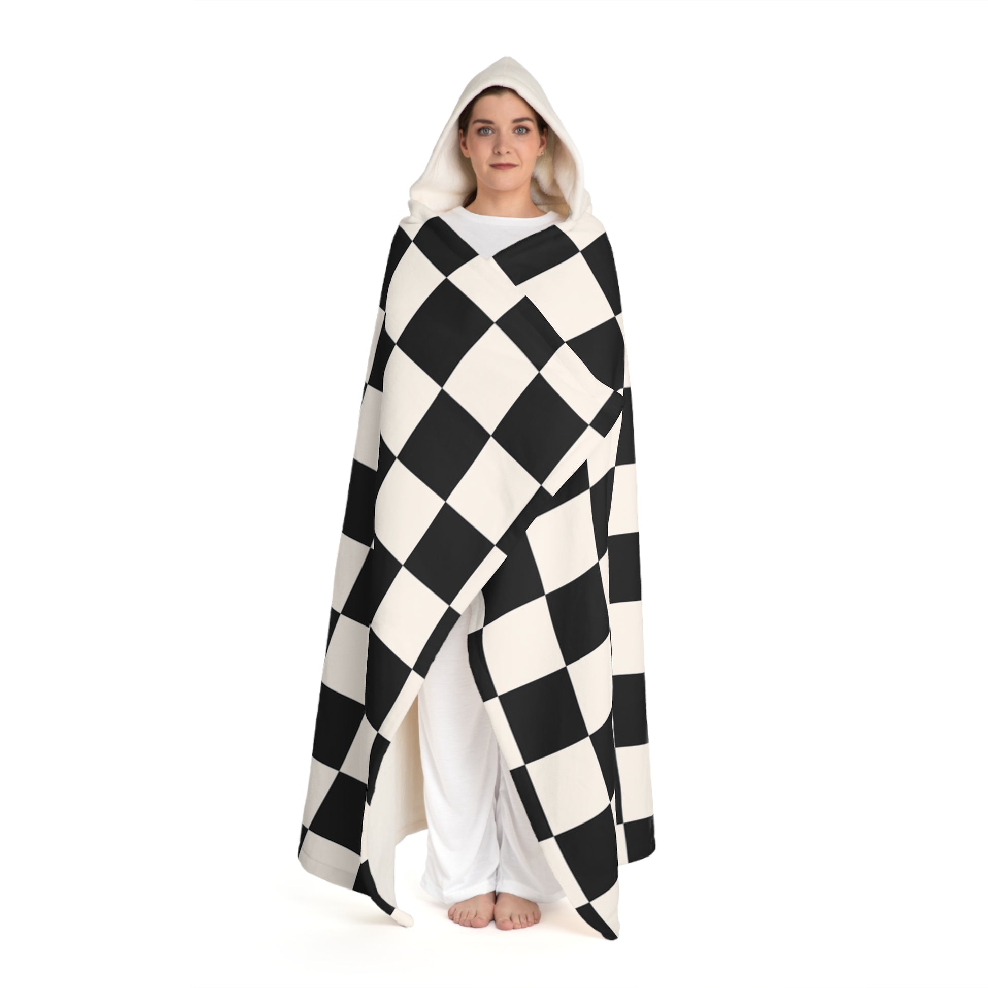 Checkerboard White and Black Hooded Sherpa Fleece Blanket, Artsulli - Art is Long, Life is Short, All Over Prints, , , , , , , 
