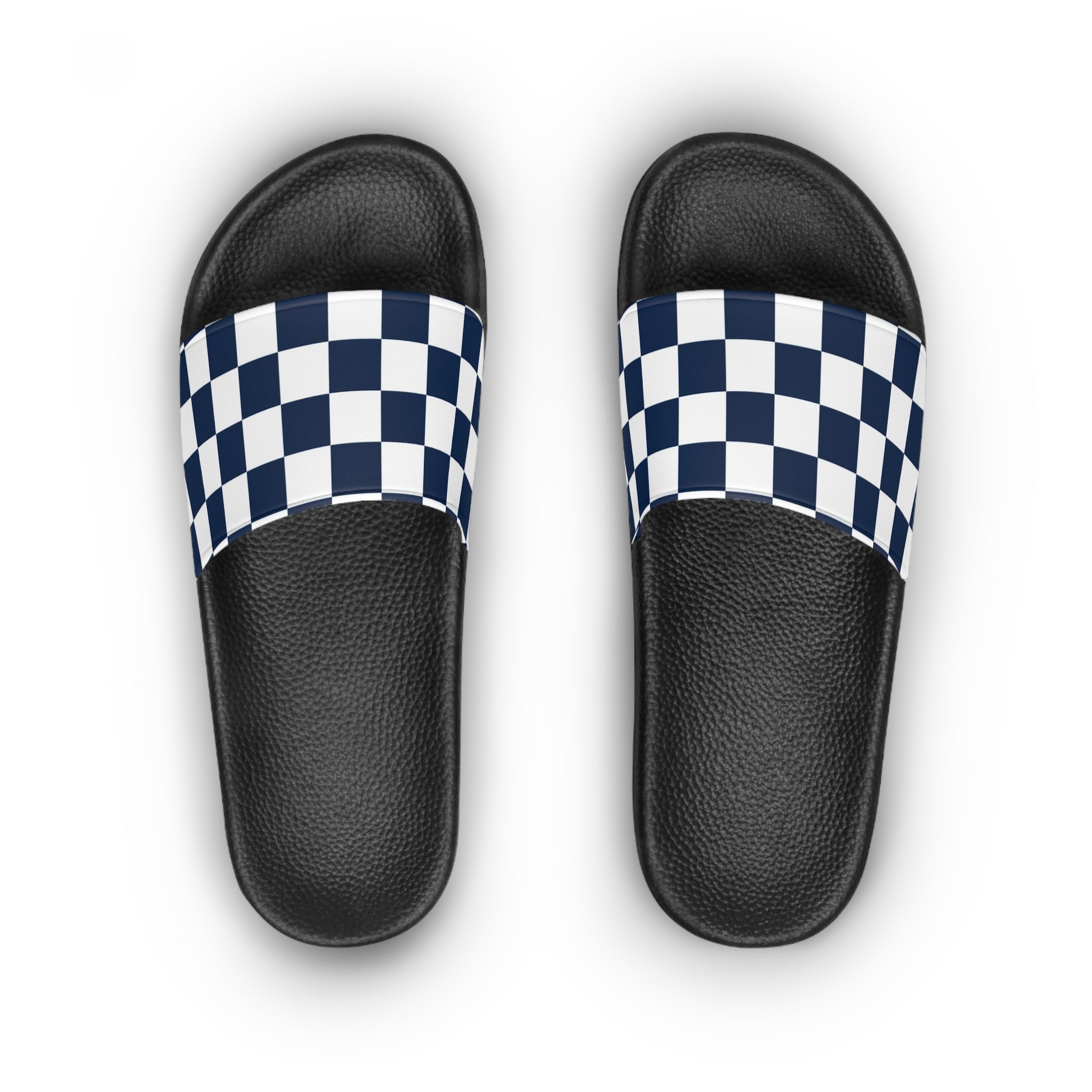Checkerboard White and Navy Blue Women's Slide Sandals, Artsulli - Art is Long, Life is Short, Shoes, , , , , , , 