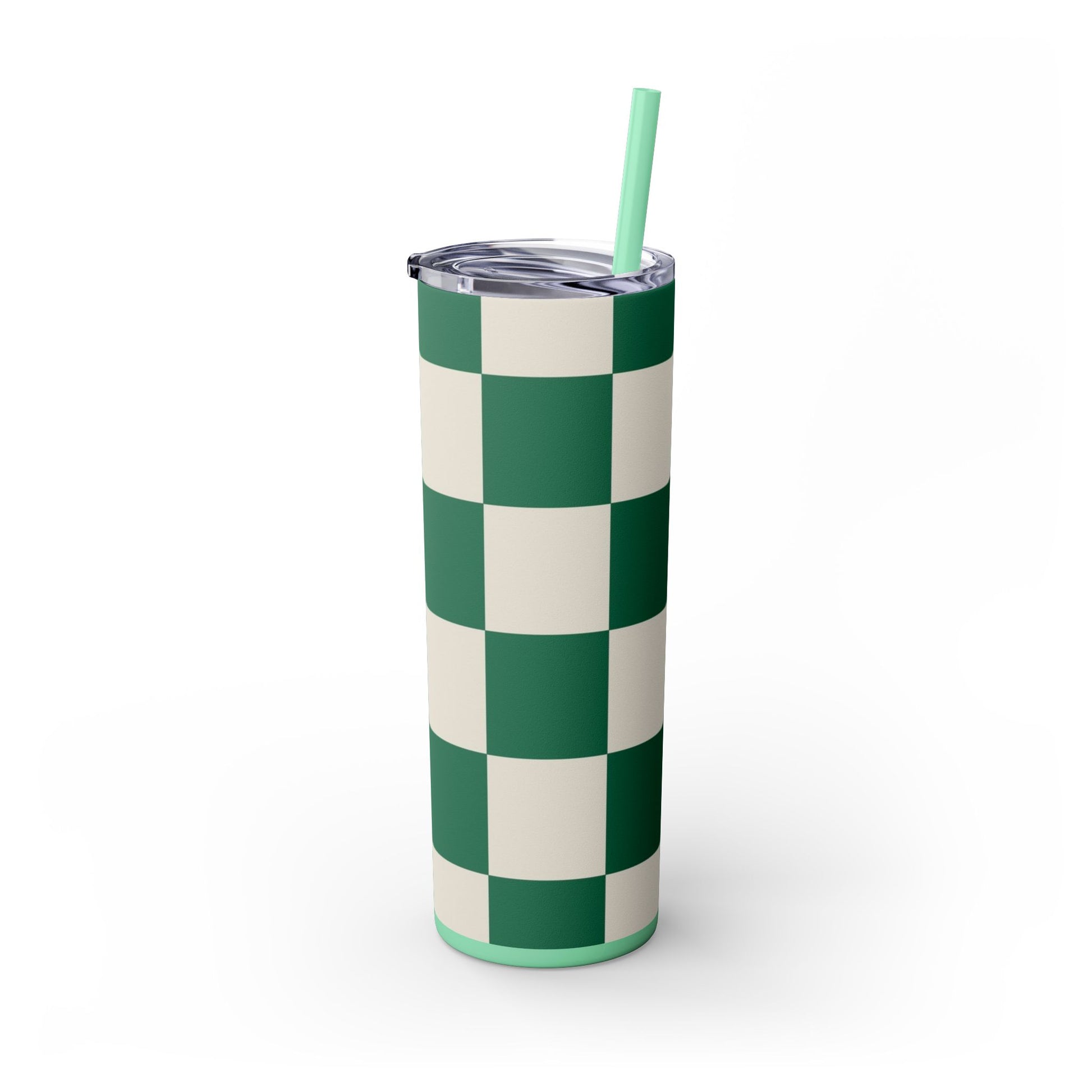 Checkerboard Dark Green Skinny Tumbler with Straw, 20oz, Artsulli - Art is Long, Life is Short, Mug, , , , , , , 