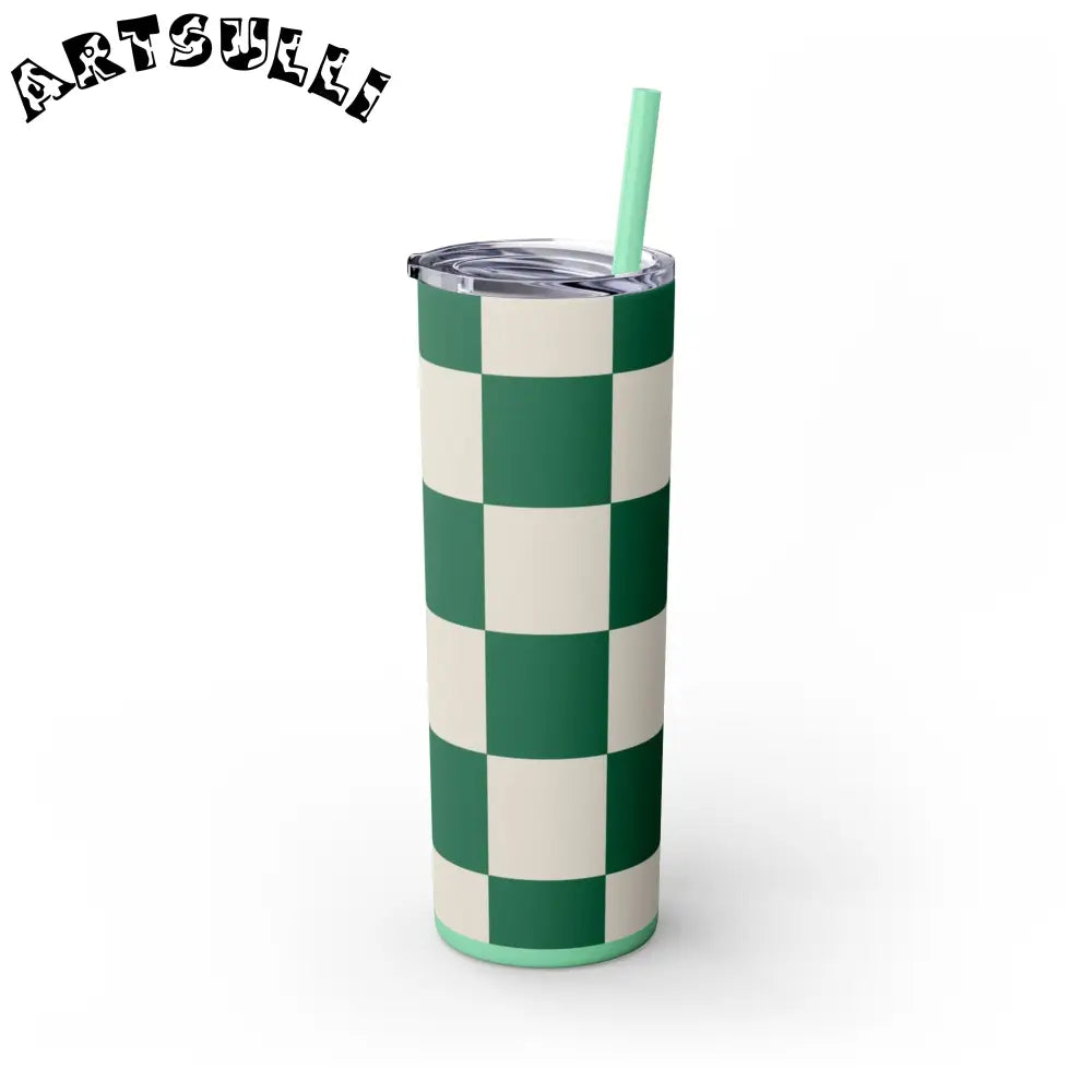 JAKKOUTTHEBXX Checkerboard Dark Green Skinny Tumbler with Straw 20oz