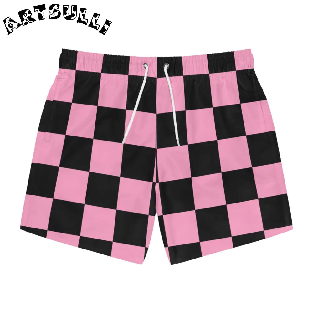 JAKKOUTTHEBXX Checkerboard Black and Pink Swim Trunks (AOP)