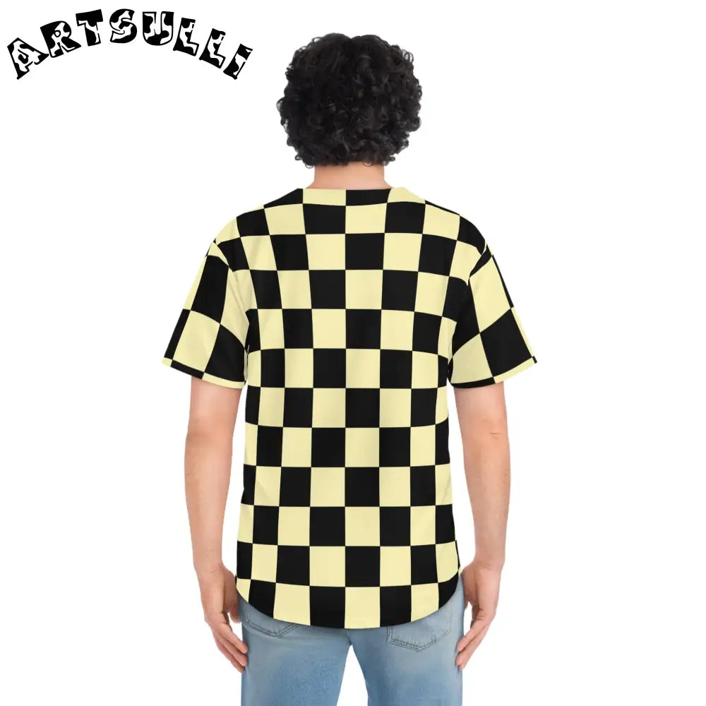 JAKKOUTTHEBXX Checkerboard Black and Yellow Men’s Baseball Jersey